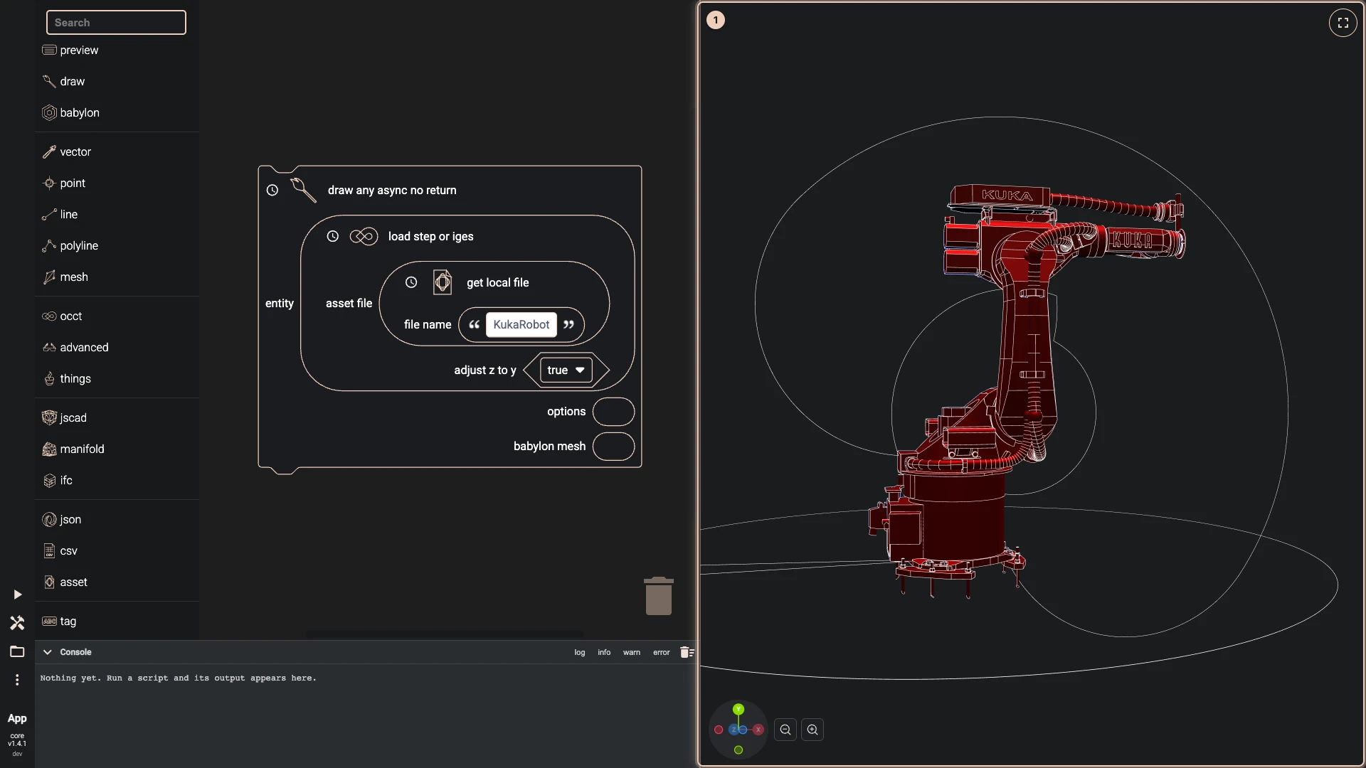 The page's Blockly script after Run The Code: the KUKA robot from its STEP file read from this browser's local assets and drawn beside the script