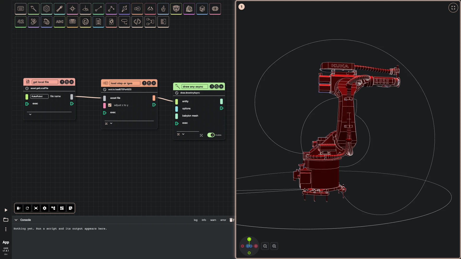 The page's Rete script after Run The Code: the KUKA robot from its STEP file read from this browser's local assets and drawn beside the script
