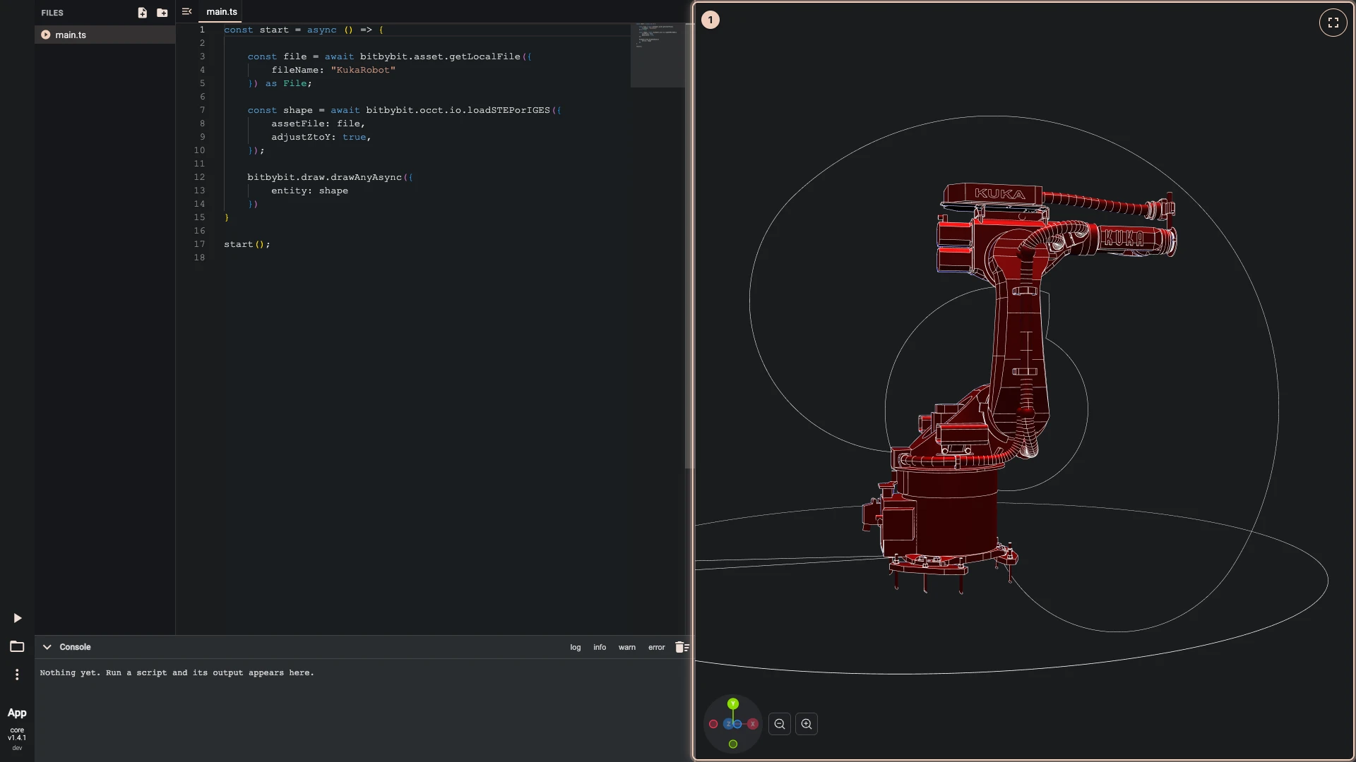 The page's TypeScript script after Run The Code: the KUKA robot from its STEP file read from this browser's local assets and drawn beside the script
