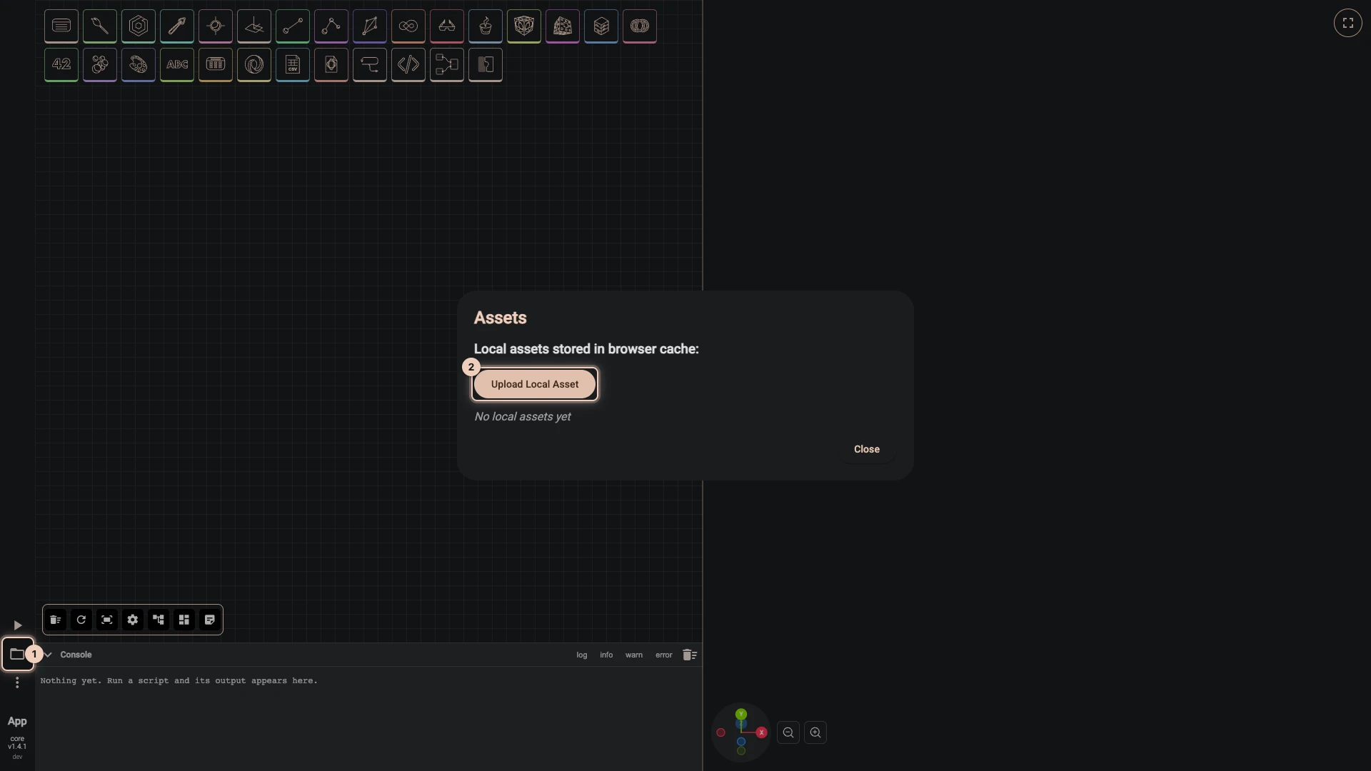 The editor's Assets dialog, opened from the folder button: the local assets kept in this browser, none yet, and Upload Local Asset