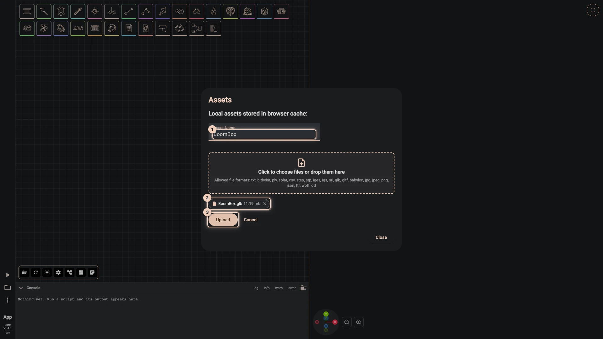 Uploading a local asset: its name, BoomBox, the BoomBox.glb file chosen, and Upload
