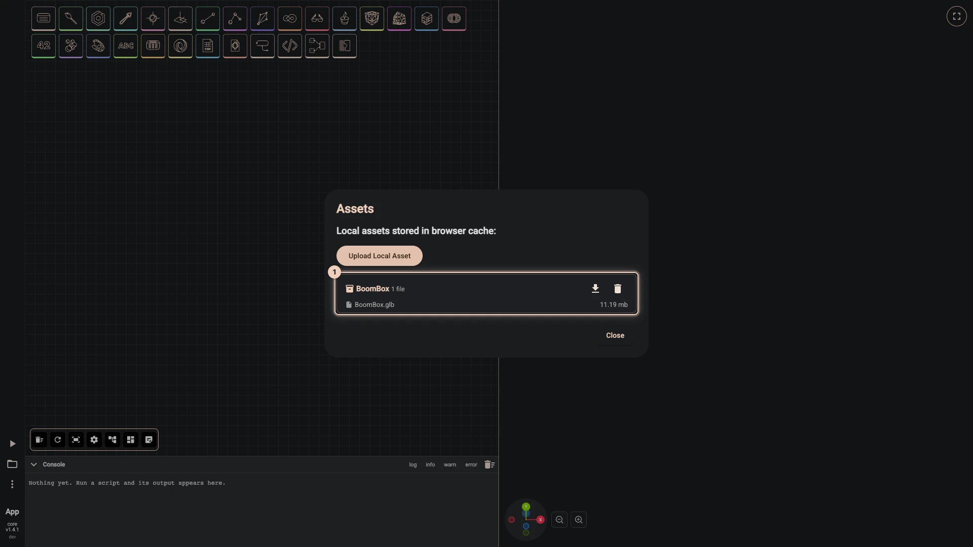 The Assets dialog after the upload: BoomBox kept in this browser with its file and size, to download or delete