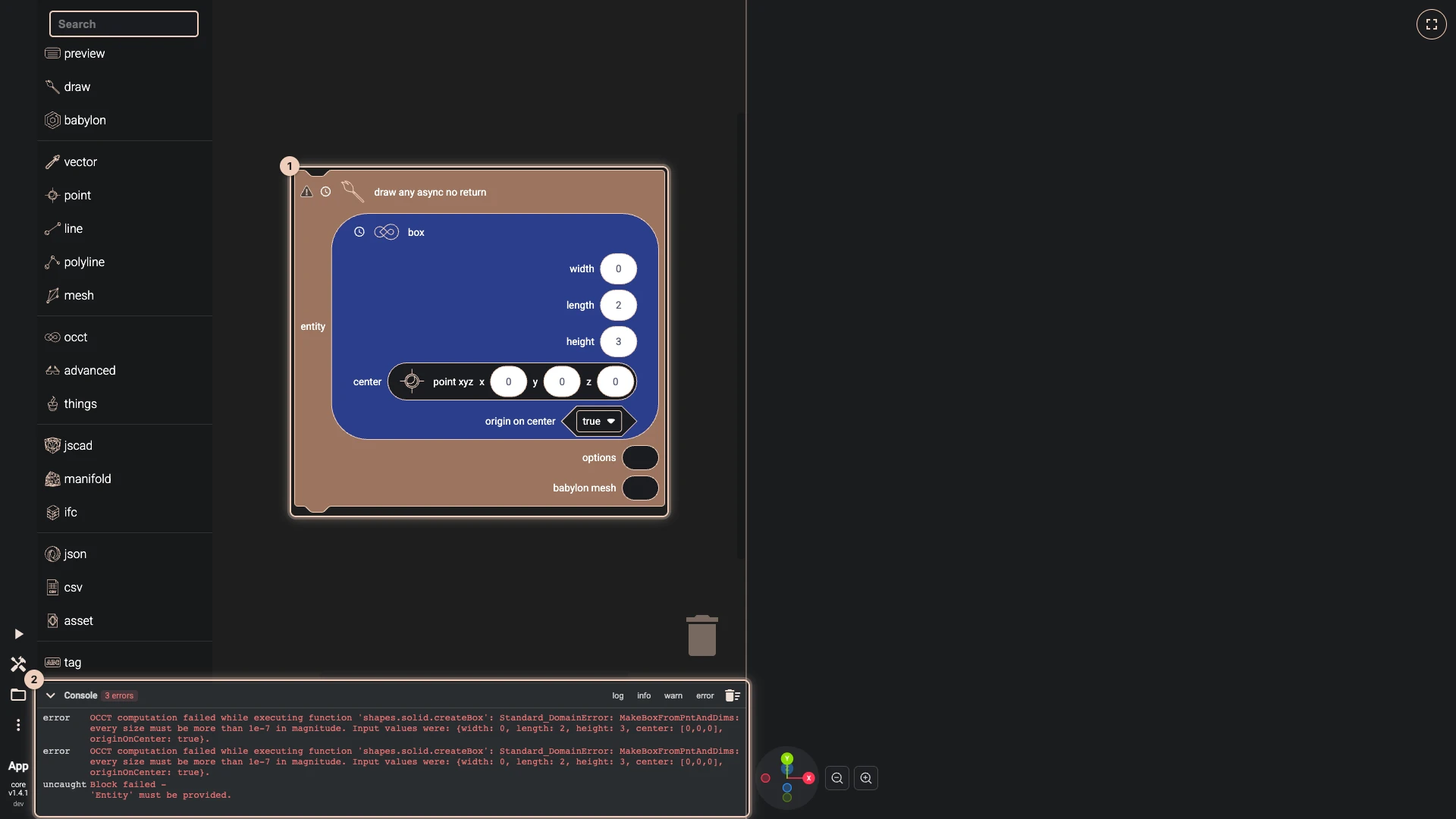 A Blockly box of width 0 drawn by a draw block, after Run The Code: the block marked, and the console listing the kernel's error and the draw block's