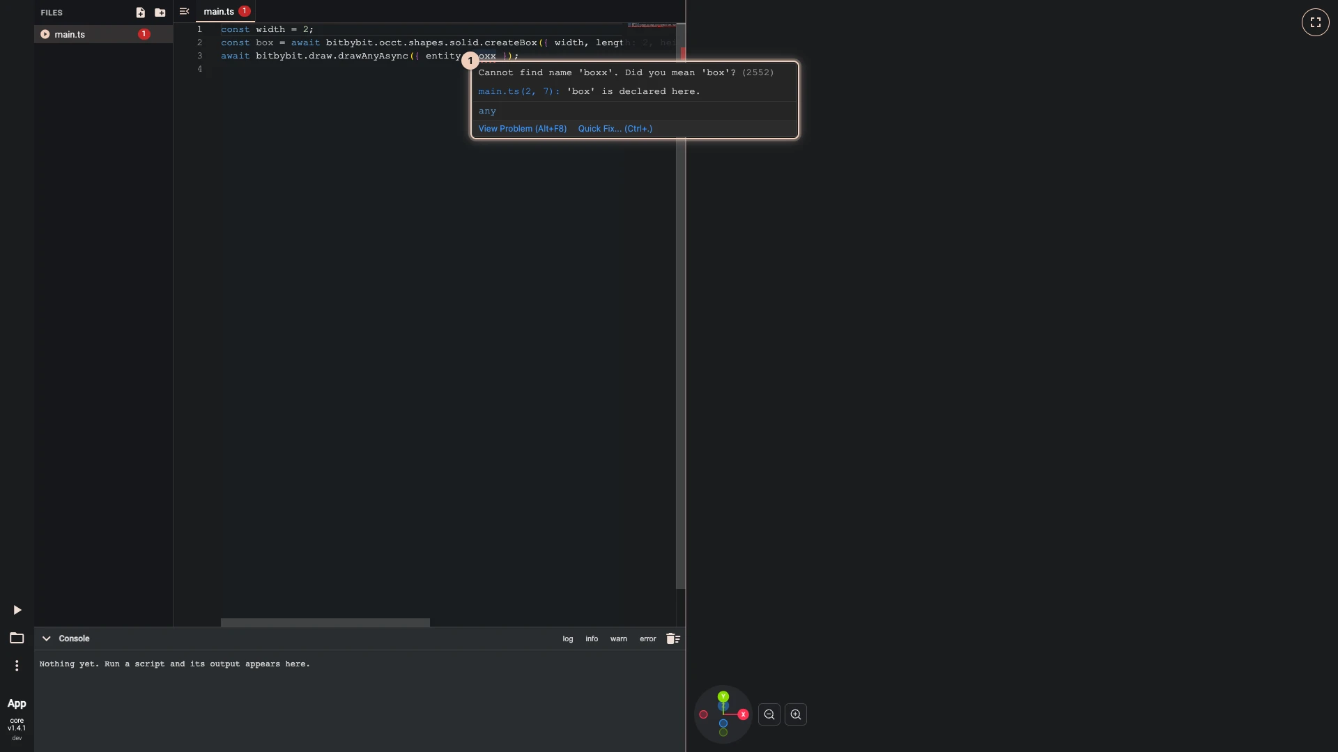 TypeScript underlining a misspelled name before the script runs, and the message shown when pointing at it