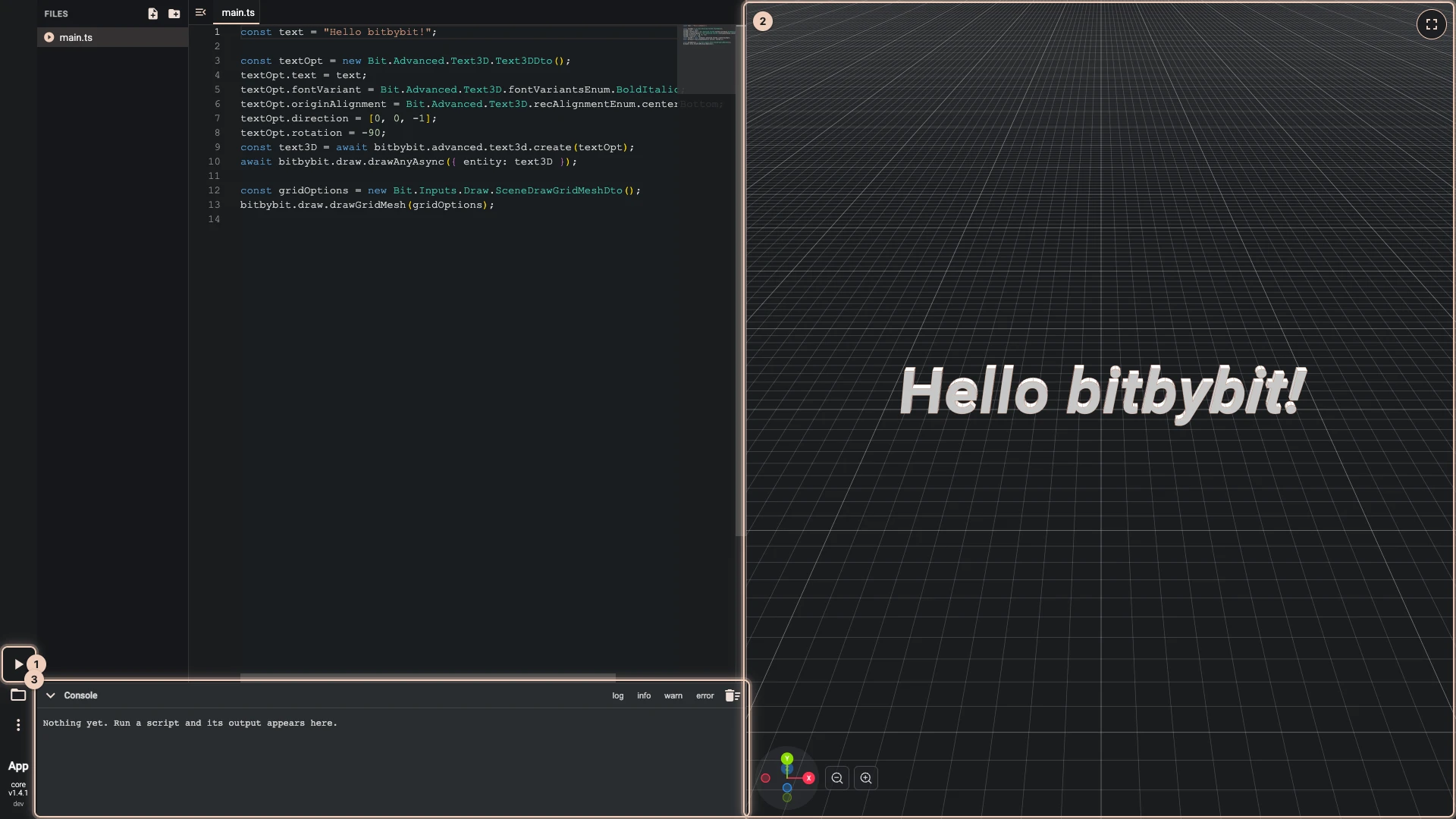 A TypeScript script after Run The Code: the code on the left, the 3D text it drew on the right, and the console under the code