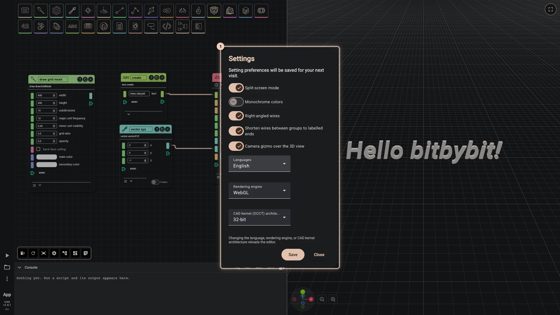 The editor's Settings: split screen, monochrome colors, the camera gizmo, the language, the rendering engine and the CAD kernel architecture