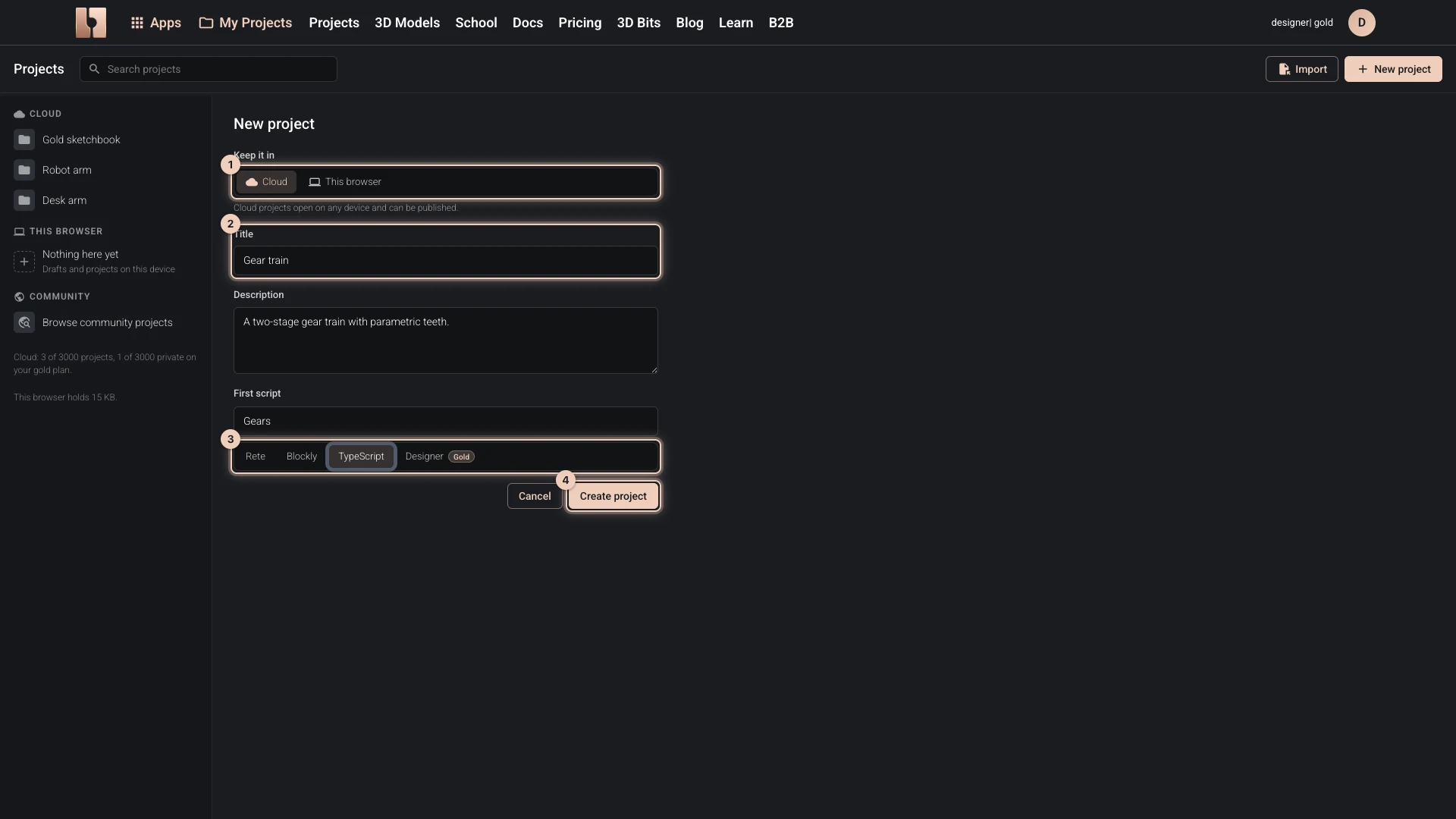 The New project form: kept in the cloud, a title and a description, a first script in TypeScript, and Create project