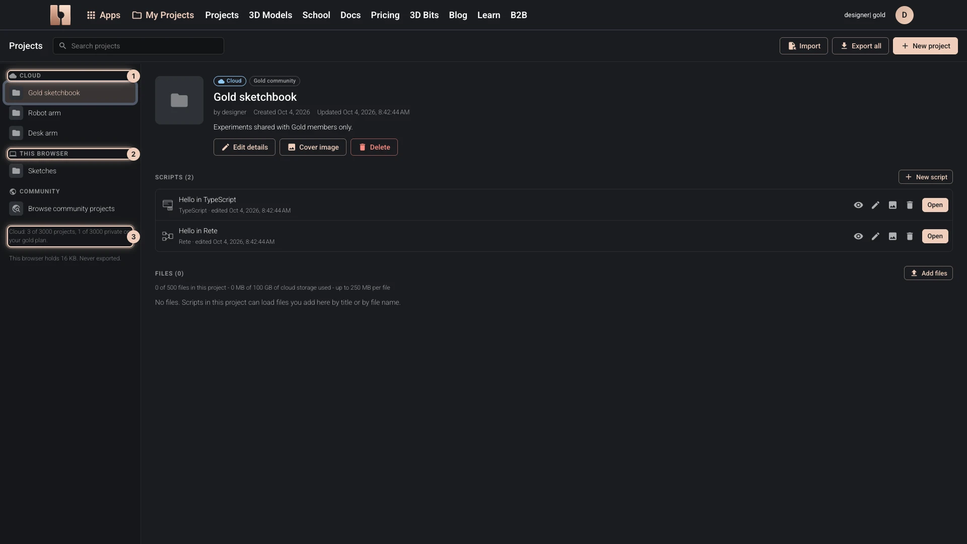 My Projects: the cloud projects, the projects in this browser with Drafts, the community projects, and how many cloud projects the plan keeps