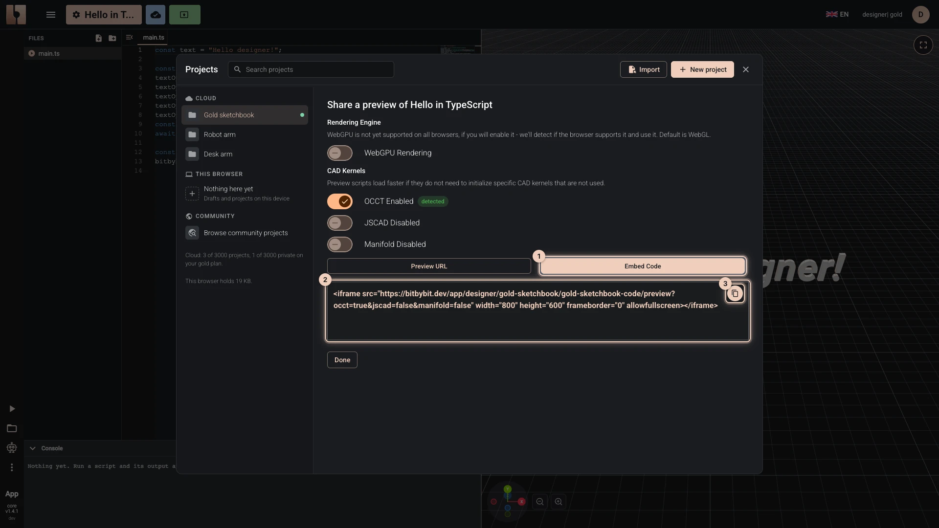 The preview's embed code: an iframe of the preview to paste into a web page, and the button that copies it
