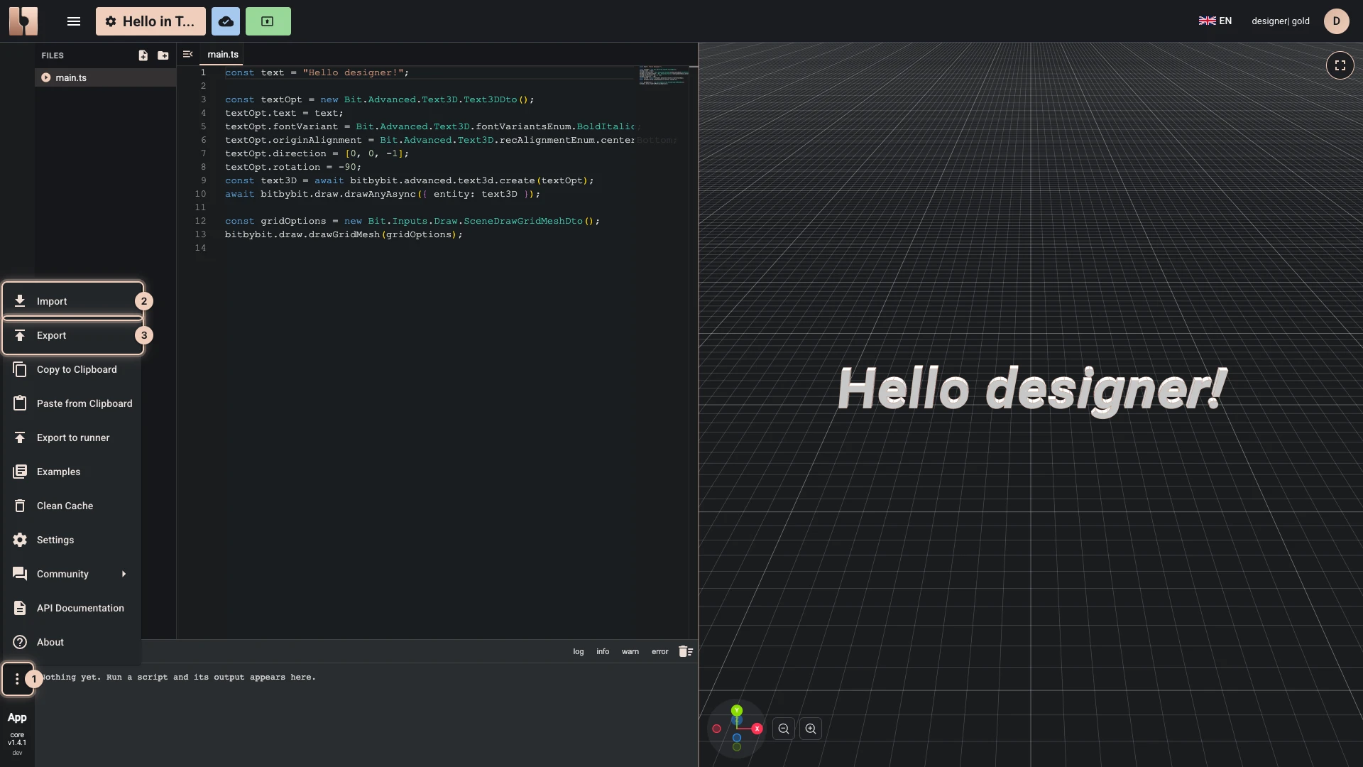 The editor's More menu open: Import and Export of the script as a file, beside the clipboard and the other tools