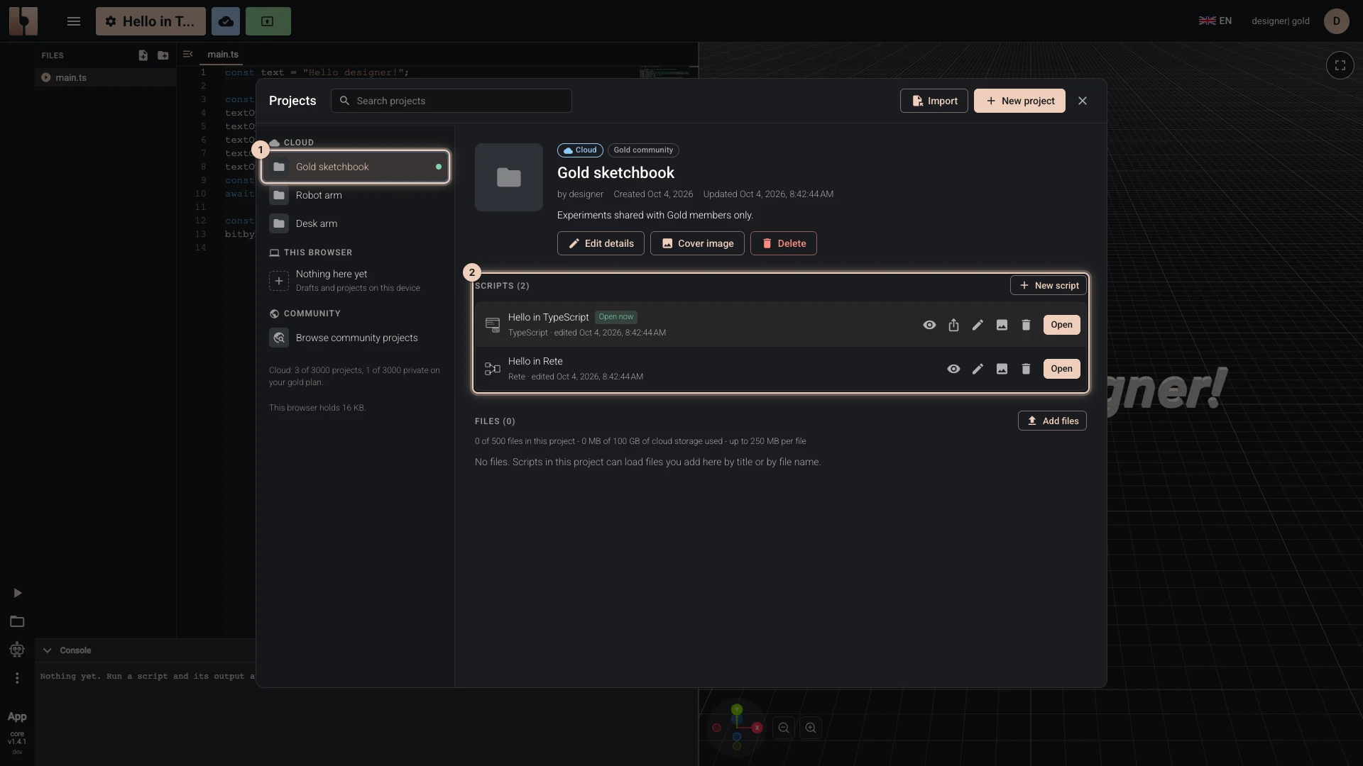 The projects list opened over the editor from the script's title: the project chosen on the left and its scripts beside it