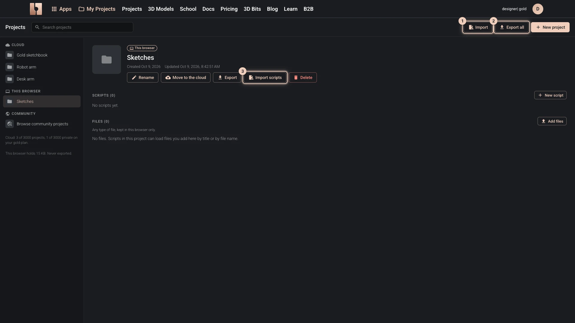 My Projects with a project kept in this browser: Import and Export all at the top, and the project's own Export and Import scripts