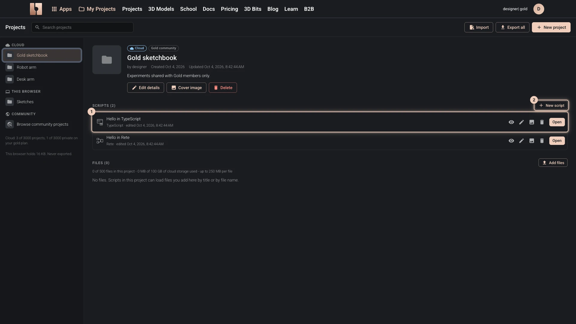 A cloud project's scripts, a TypeScript one and a Rete one, each with its editor, when it was edited, and Open