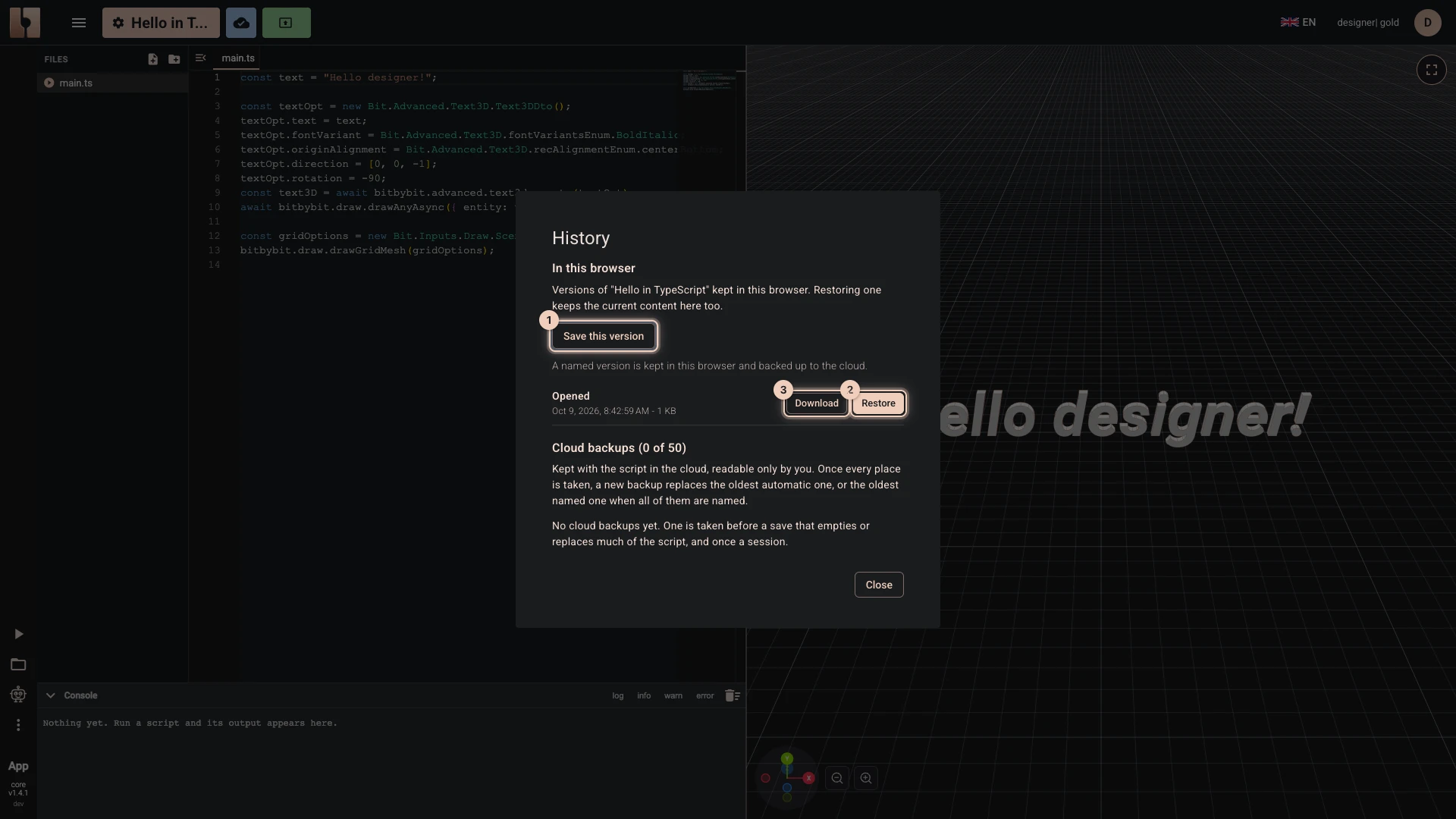 The script's history: the versions kept in this browser and the cloud backups, each to download or restore, and Save this version