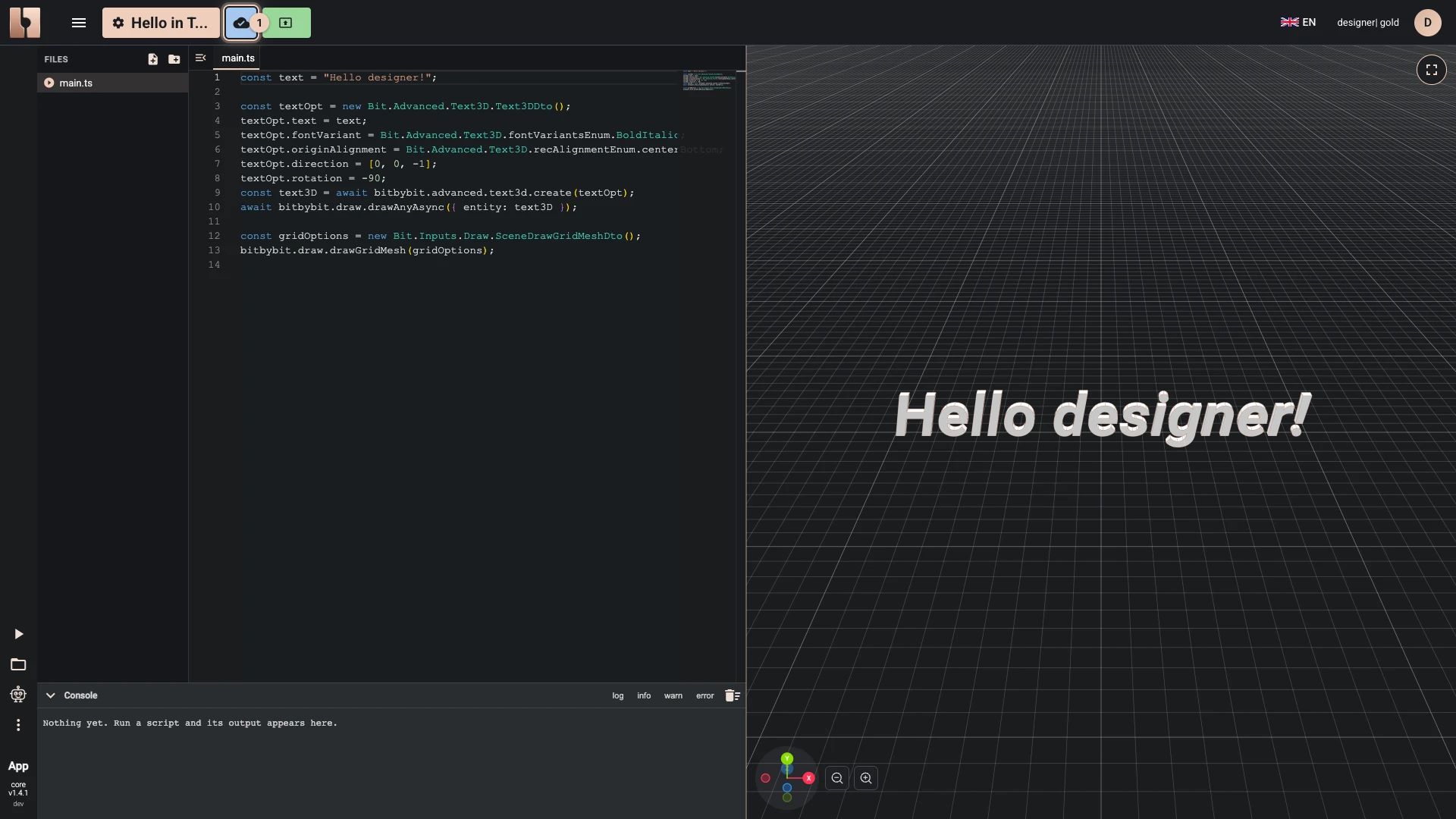 A cloud script open in the TypeScript editor with its result drawn: the status beside its title says it is saved