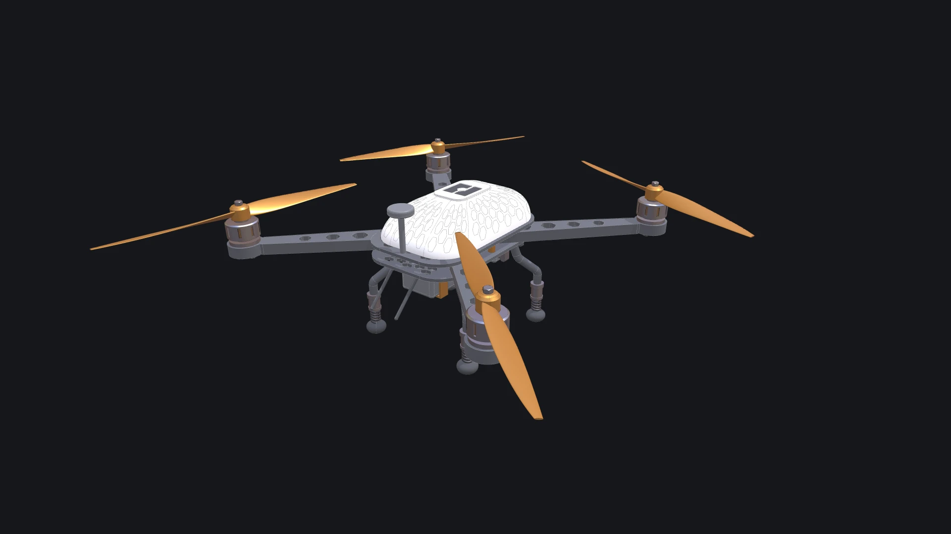 The drone the coding-editor tutorials build, finished in white with orange accents: a carbon frame with hexagon vents, four arms with motors and two-blade propellers, a honeycombed canopy with the bitbybit logo, sprung legs and a camera on its gimbal