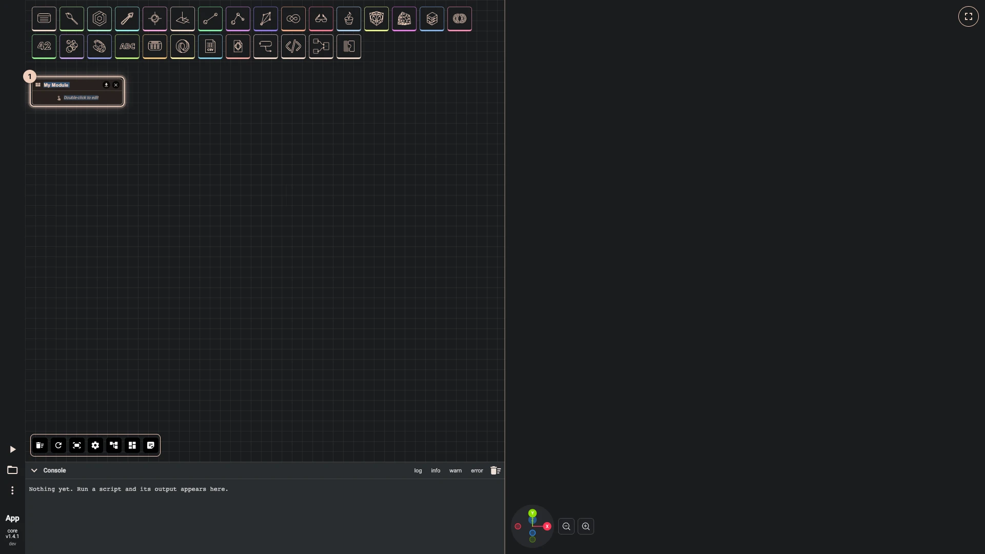 A module definition on the canvas, named My Module, with its save button and the hint to double-click it to edit the graph inside