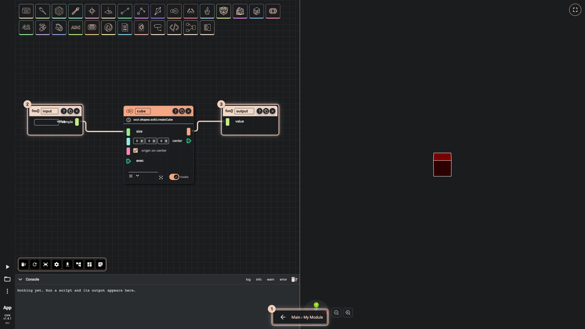 Inside My Module: the breadcrumb Main, My Module above the canvas, a module input wired into a cube's size and the cube wired into a module output