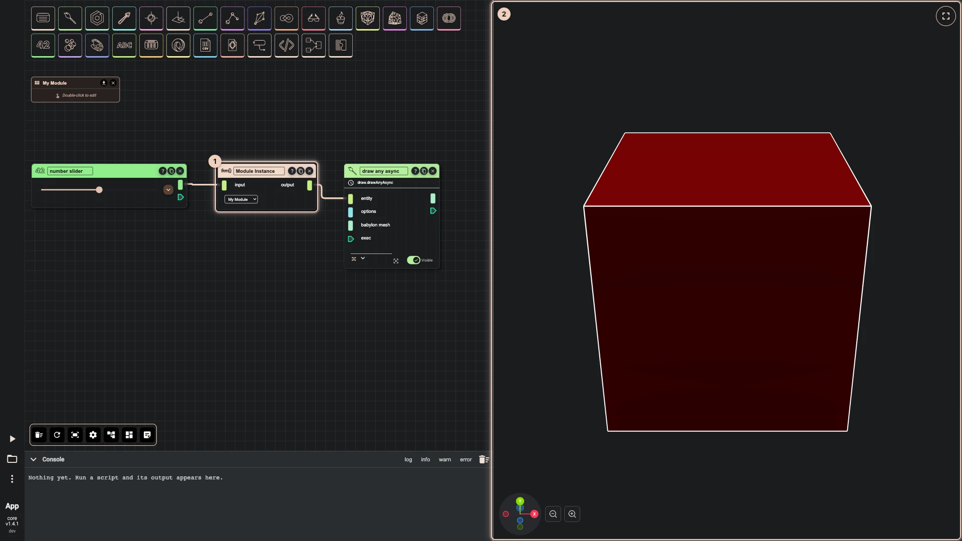 Back on the main canvas: a module instance set to My Module, its input named after the module's input and driven by a number slider, and the cube the module makes in the 3D view