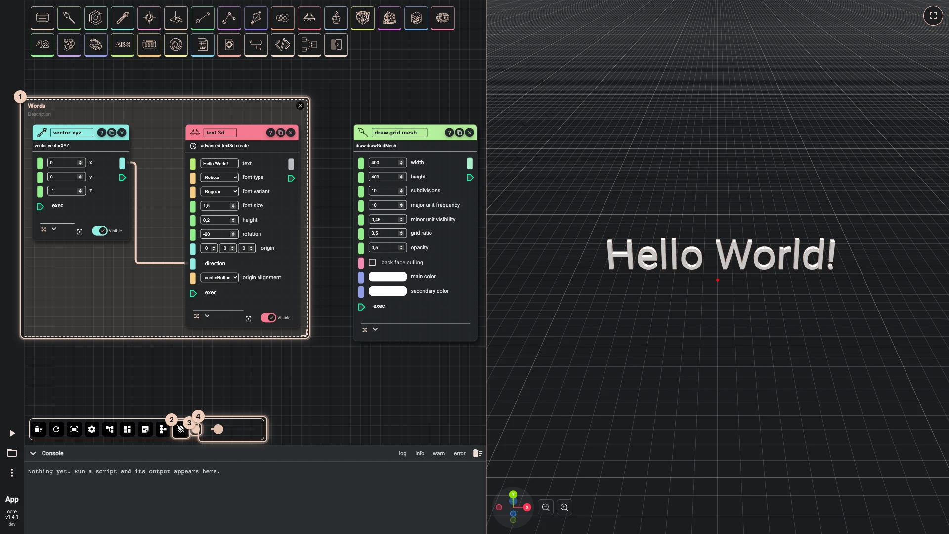 The vector and the 3D text of Hello World put into a group named Words, and the toolbar showing what a selected group offers: remove the group, its colour and its transparency