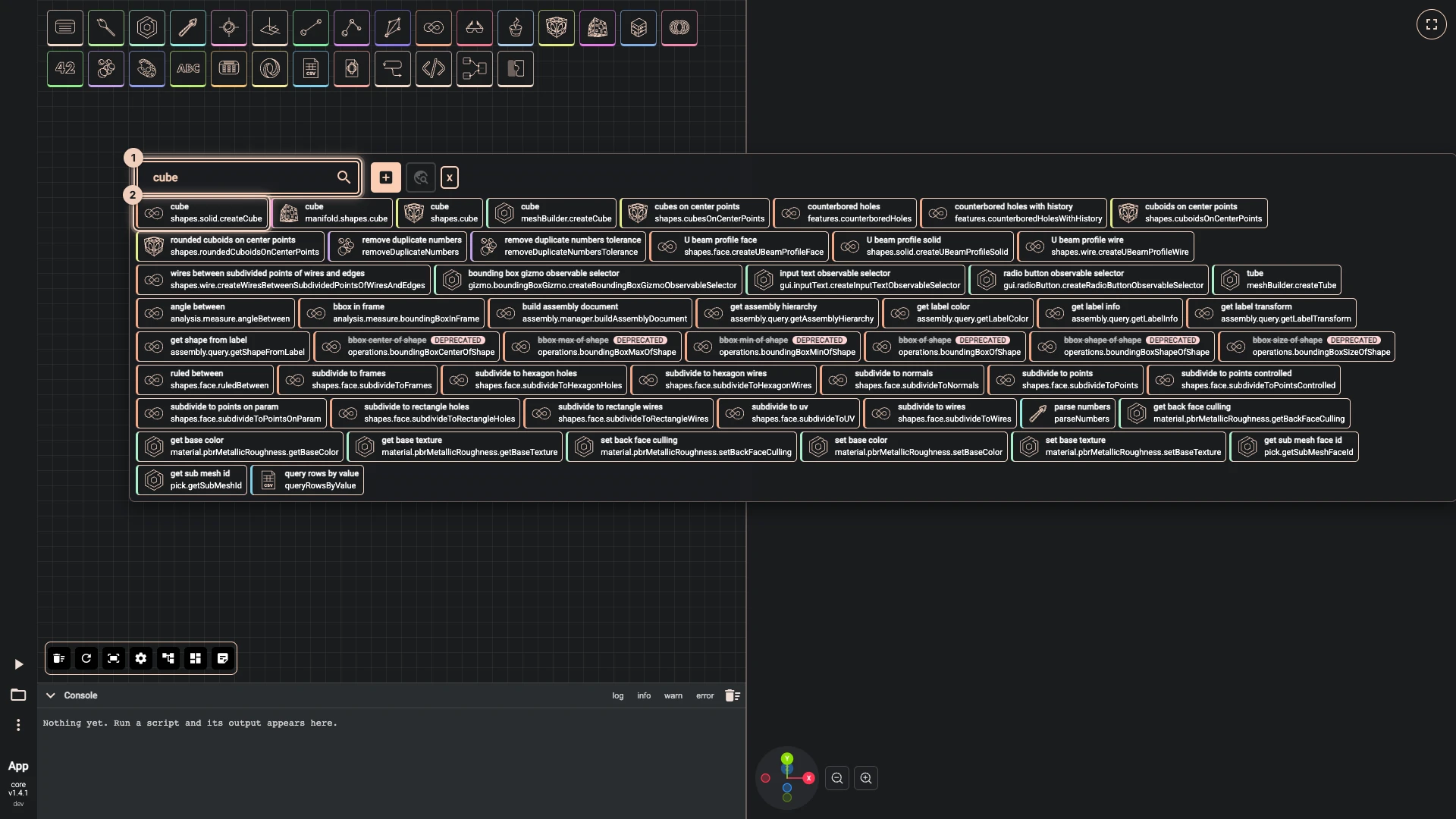 Search opened by a right-click on the canvas, in Add components mode, with cube typed: every component whose name or path matches, cube first, each with its path below its name