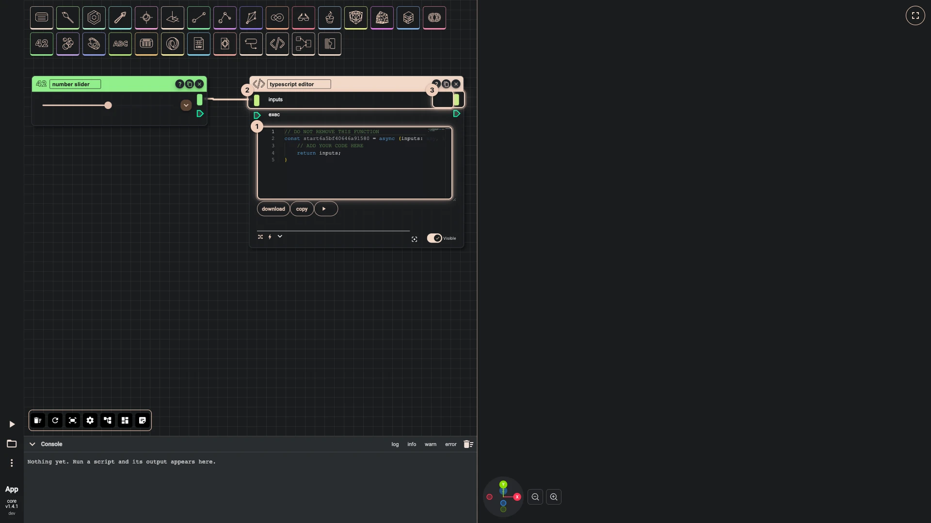 A typescript editor node fed by a number slider: its code is one start function that receives the inputs and returns what the node gives out