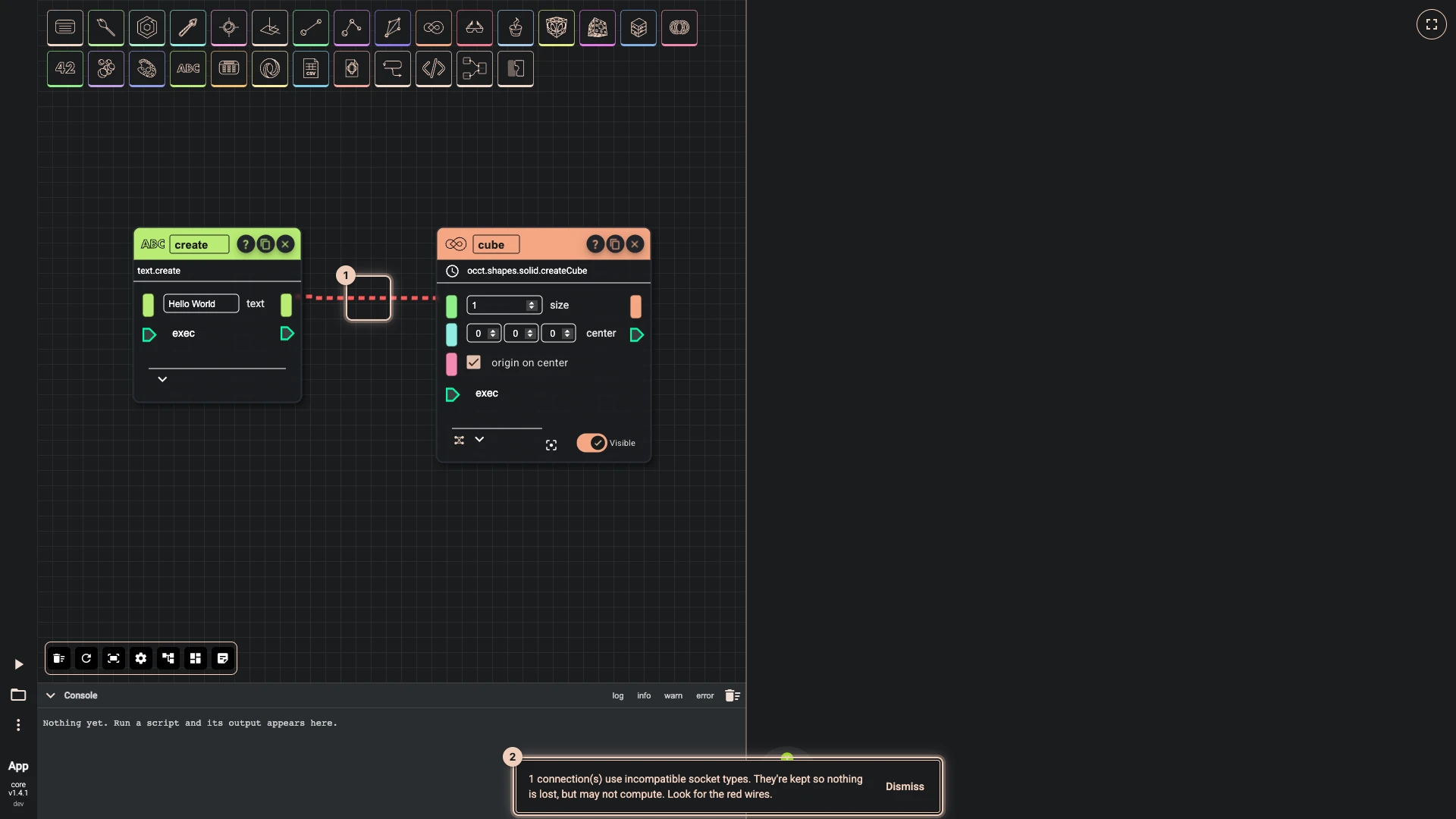 A script whose file wires text into the cube's size, opened: the wire is kept, drawn red and dashed, and a message counts the connections that use incompatible socket types