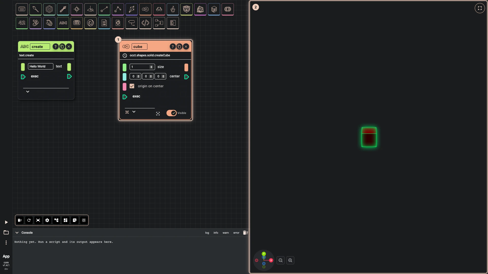 The cube node selected on the canvas, and its solid glowing in the 3D view, so you can tell which node made which geometry