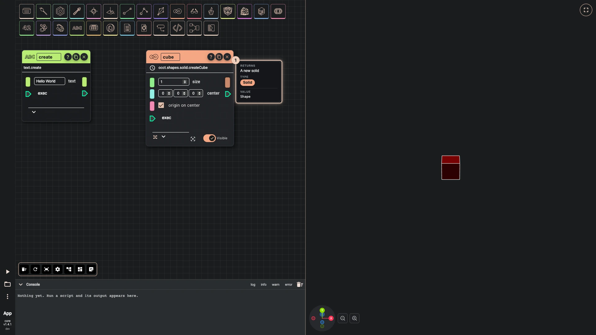 The pointer resting on the cube's output: a tip names the type that flows out of it and the value it holds after the run