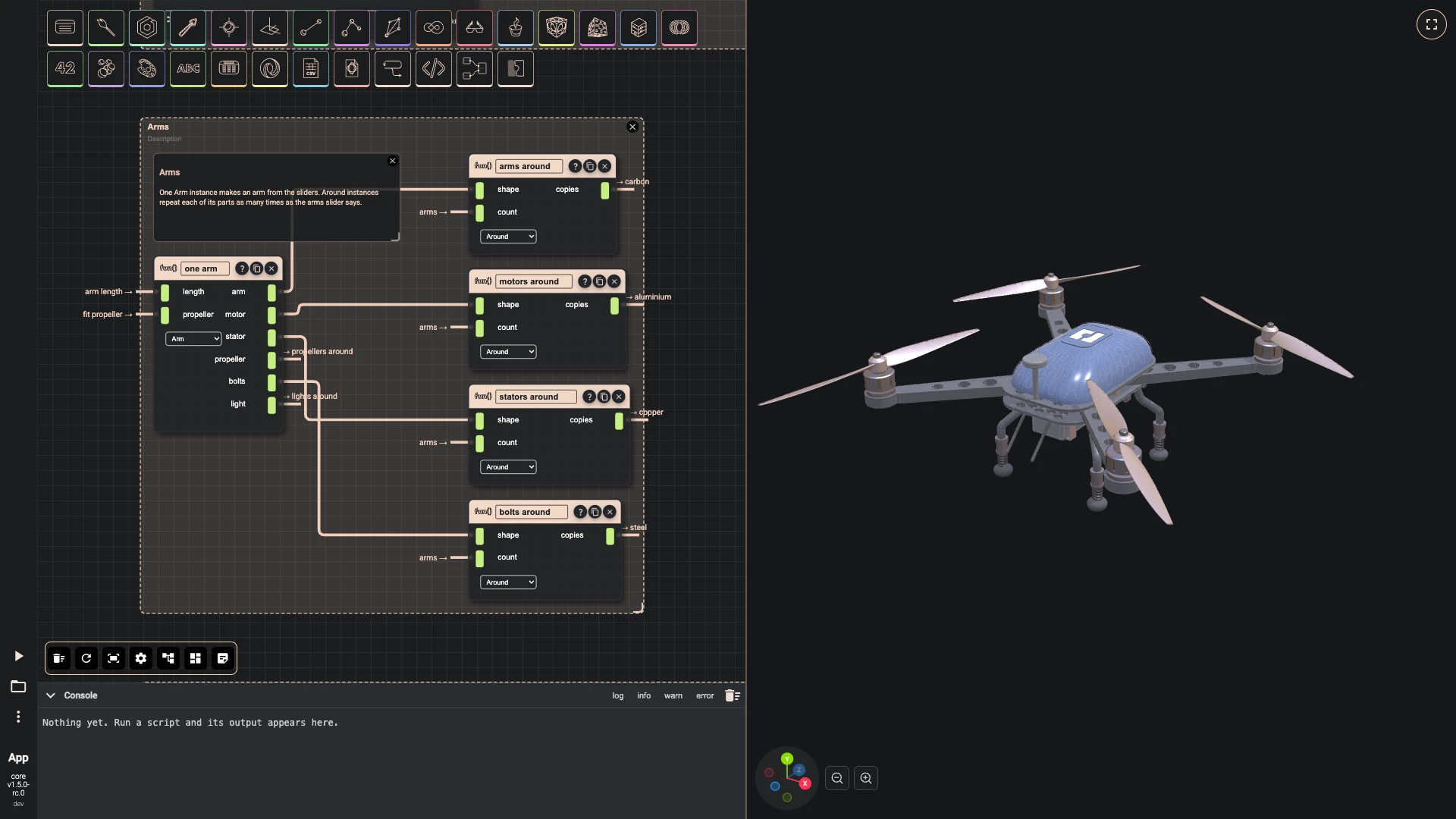 The drone in the Rete editor: the groups that repeat its arms, alternate its propellers and colour its lights, each with a comment, beside the drone they build