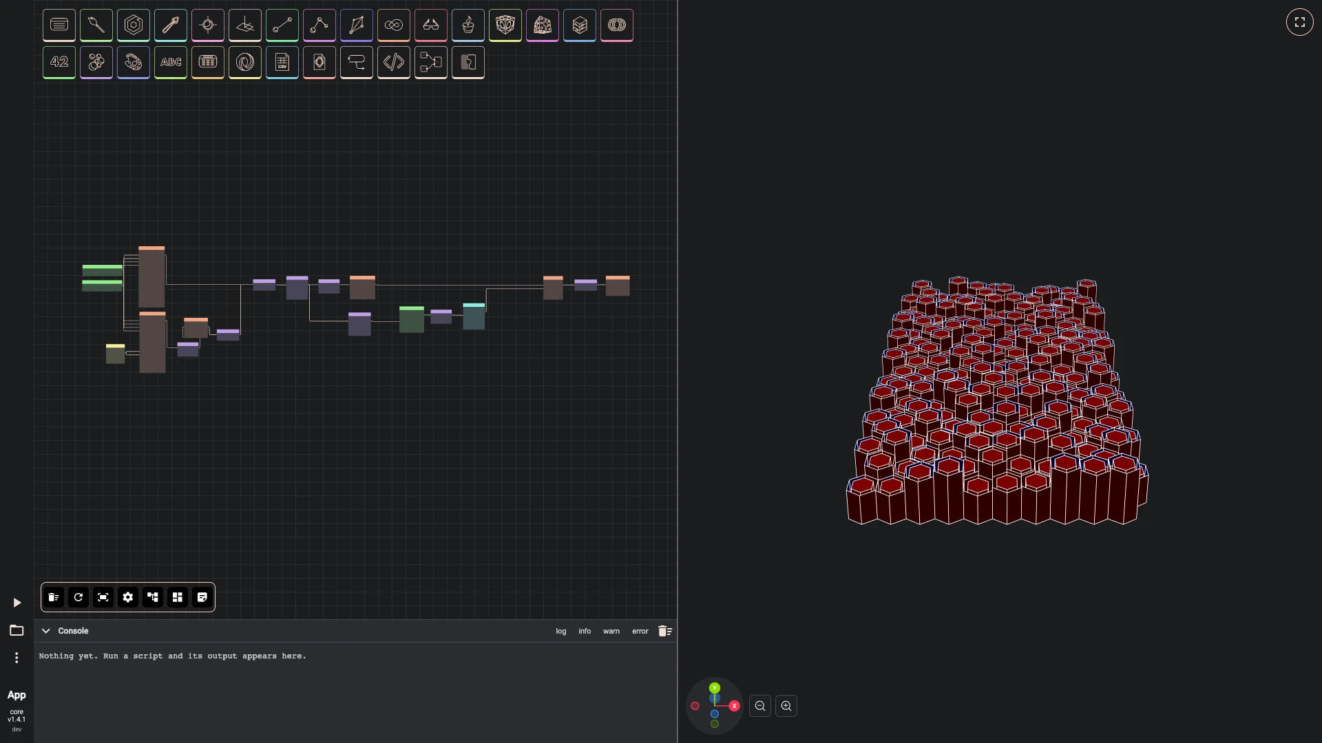 The hexagon hive showcase in the Rete editor: its whole graph fitted to the canvas, and the model it builds in the 3D view beside it
