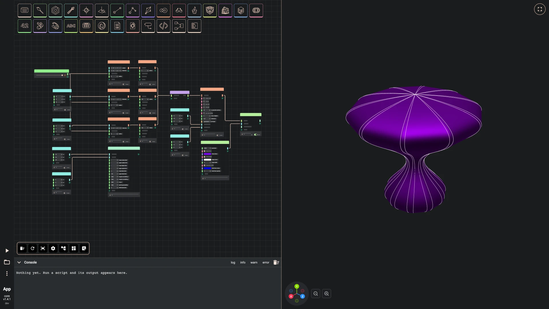 The advanced loft showcase in the Rete editor: its whole graph fitted to the canvas, and the model it builds in the 3D view beside it