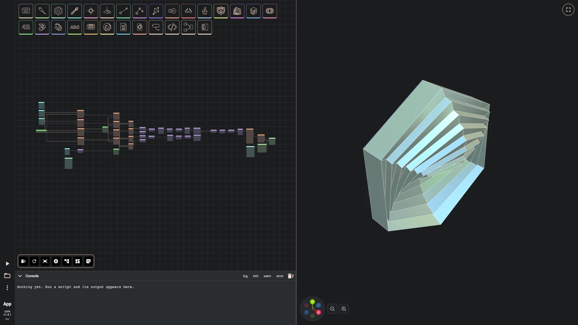 The twisted polygon ornament showcase in the Rete editor: its whole graph fitted to the canvas, and the model it builds in the 3D view beside it