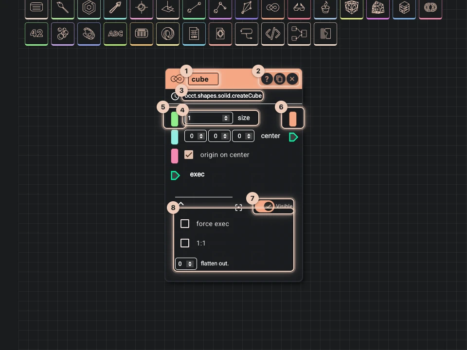 A cube node up close, its parts numbered: its name, help, copy and delete in the title, its path, a field, an input's socket, the output's socket, Visible, focus and the node options opened below