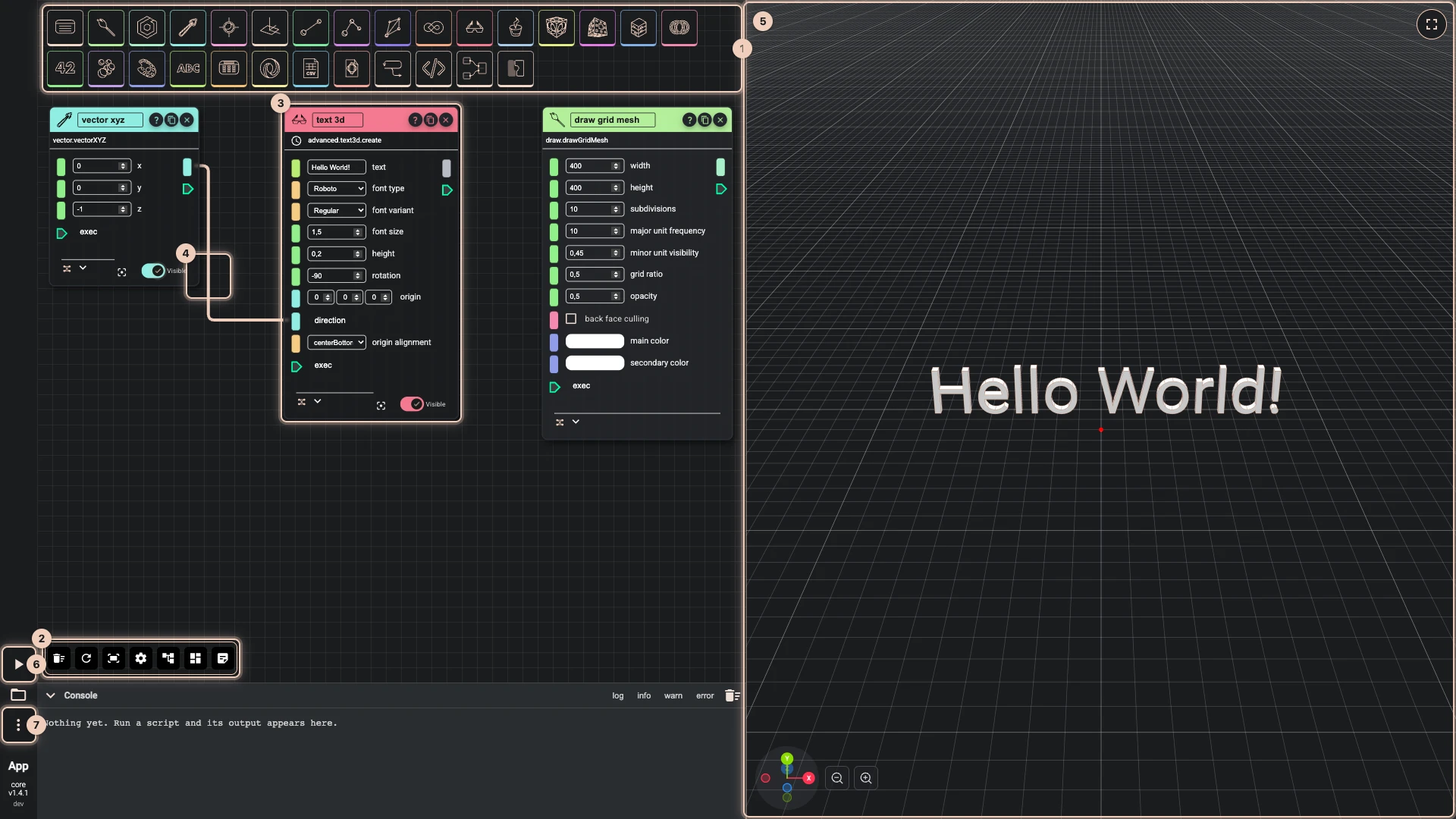 The Rete editor with the Hello World script: the palette, the toolbar, three nodes and a wire on the canvas, the 3D text in the 3D view, Run The Code and More, numbered as the tour explains them