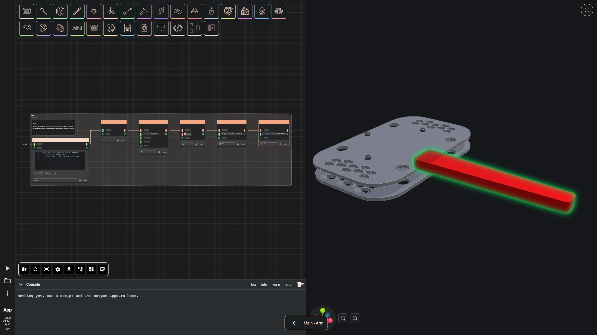 Build a drone, the arm module: A code component turns the length into the arm's four corner points, wide at the root and narrow at the tip; a polygon joins them, its corners are rounded, and it is extruded 10 millimetres and lifted onto the plate.