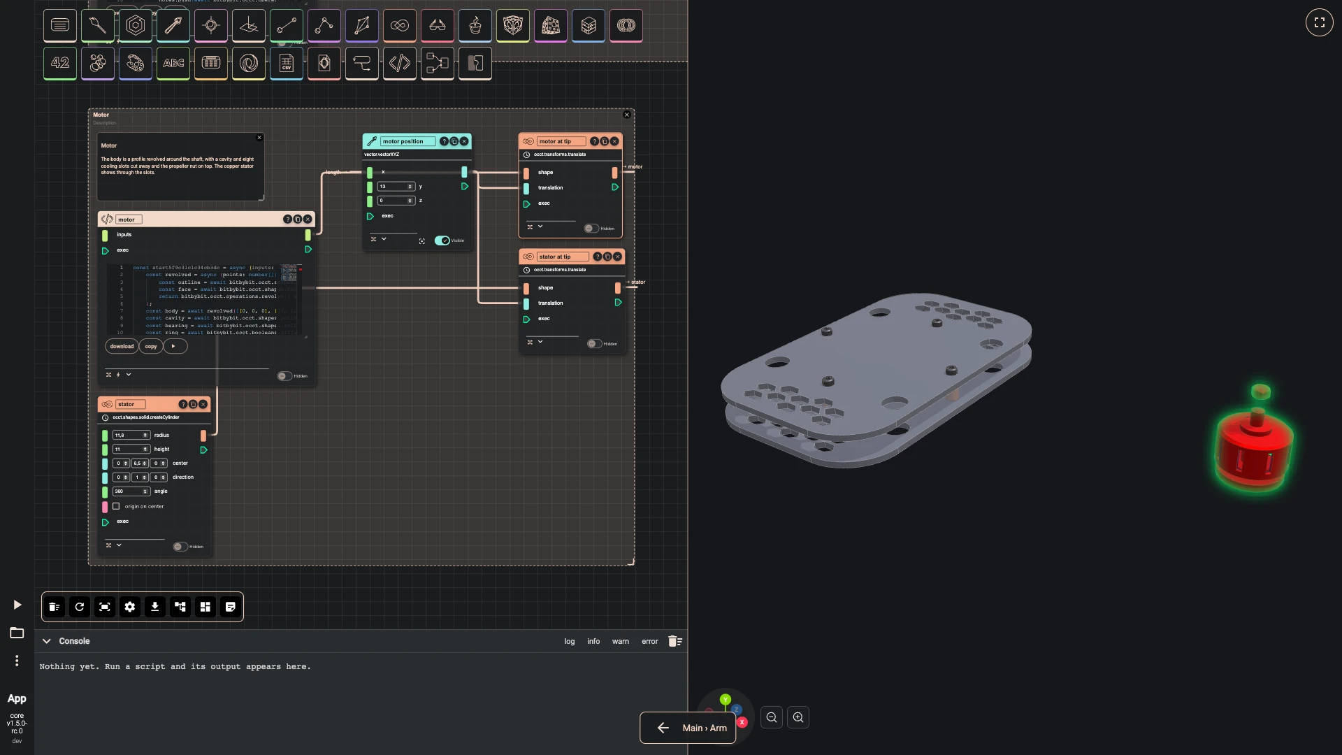 Build a drone, the arm module: The motor is a profile revolved around its shaft, with a cavity and eight cooling slots cut away and its propeller nut on top, all in one code component.