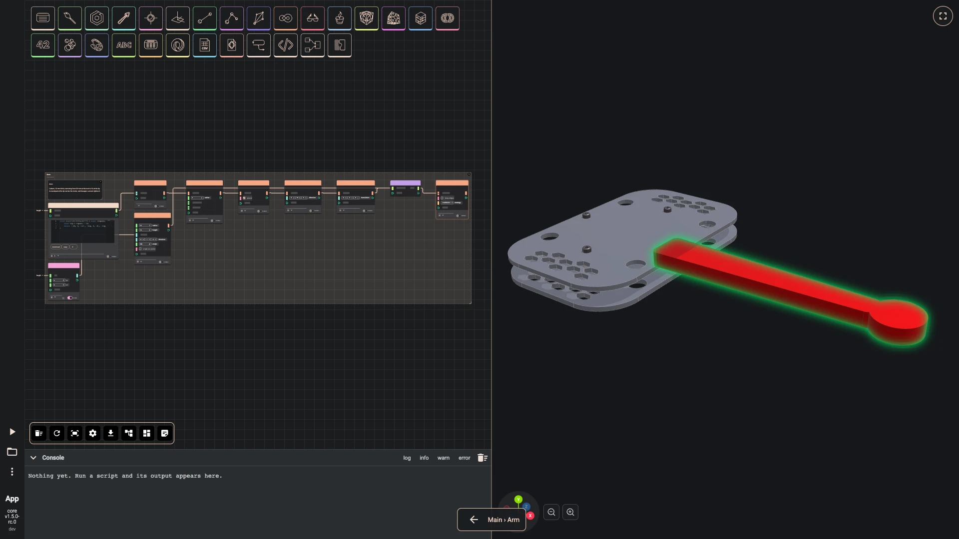 Build a drone, the arm module: A round pad at the tip carries the motor: a cylinder whose centre takes the length as its x, joined to the arm.