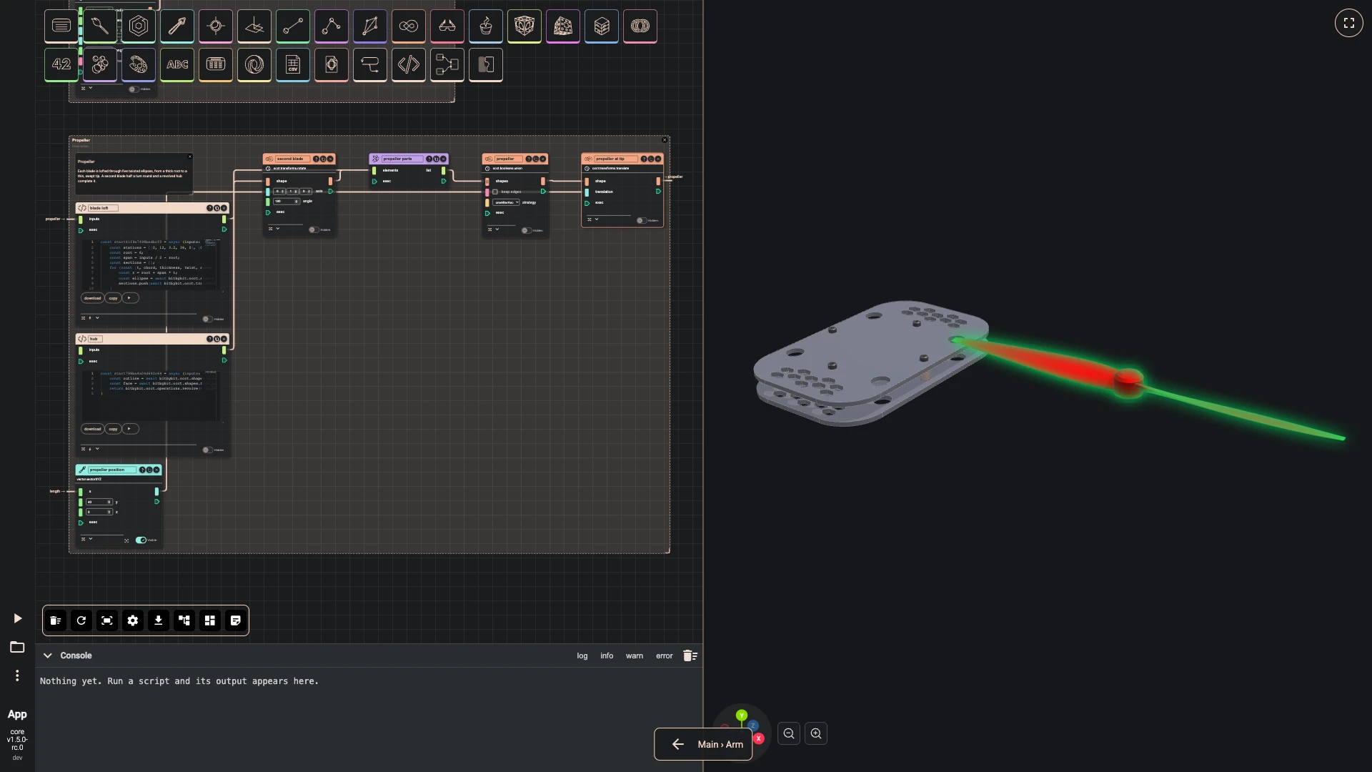 Build a drone, the arm module: Each blade is lofted through five twisted ellipses, from a thick root to a thin, swept tip, in a code component that calls the same loft the graph has.