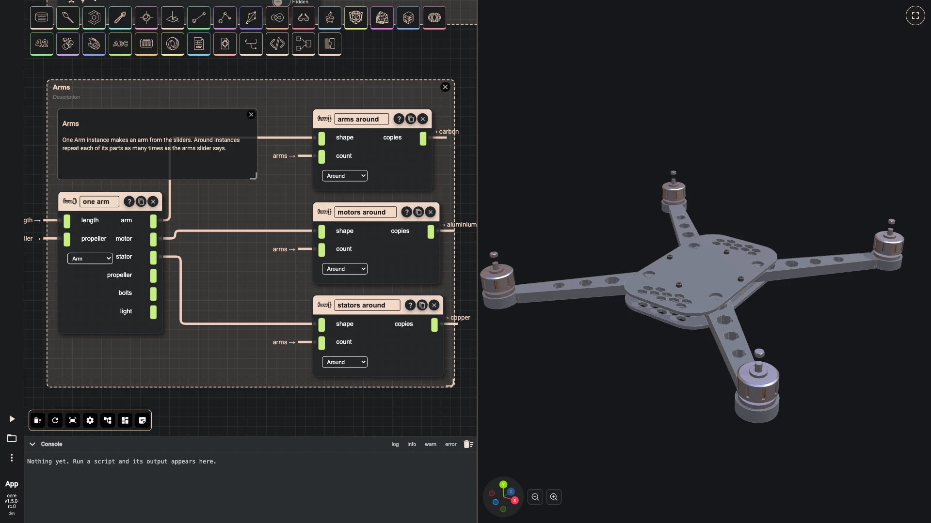 Build a drone, arms around the frame: One Arm instance takes the arm length and the fitted propeller.