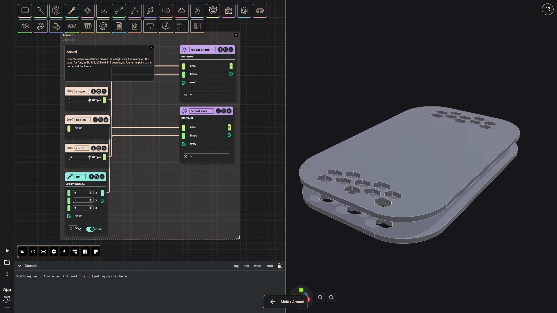 Build a drone, a module that repeats: The shape is repeated count times, and so is the axis to turn around, straight up.