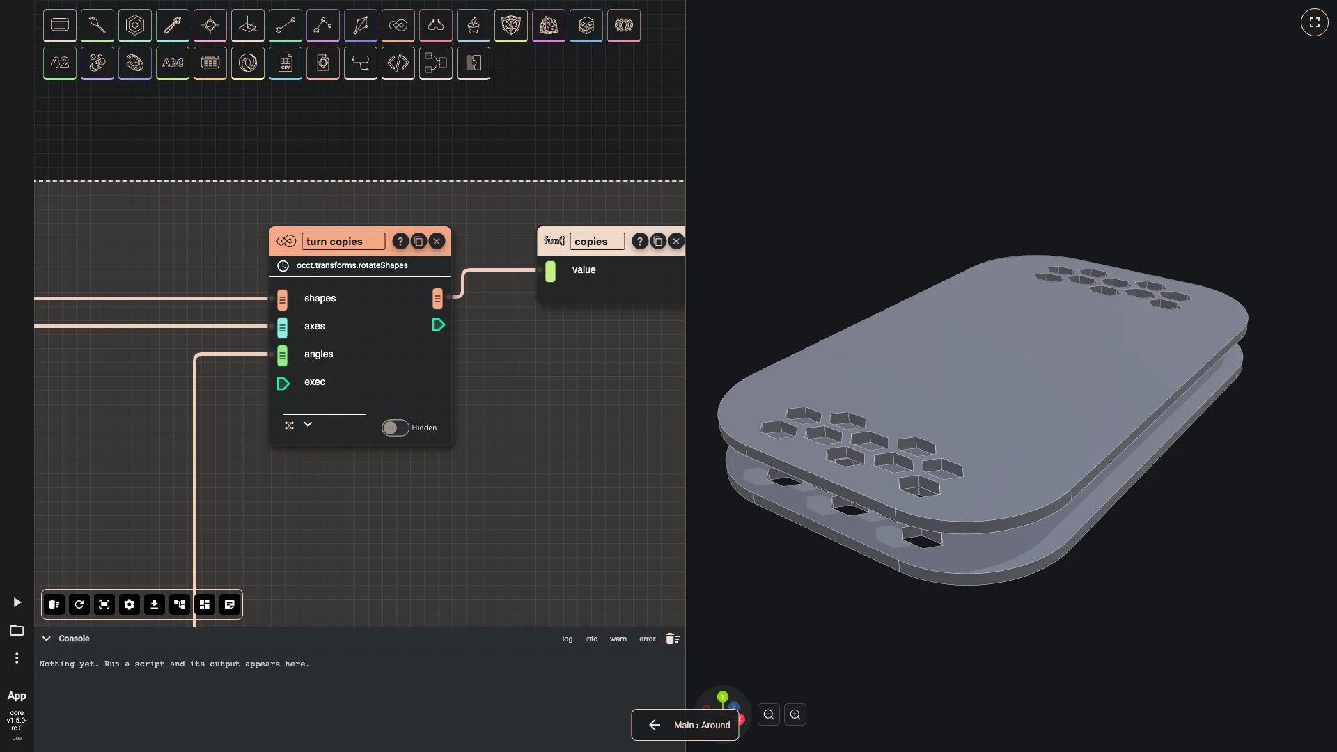 Build a drone, a module that repeats: Rotate shapes turns each copy by its own angle around its own axis, pairing the three lists by position, and its result leaves through the module's output.