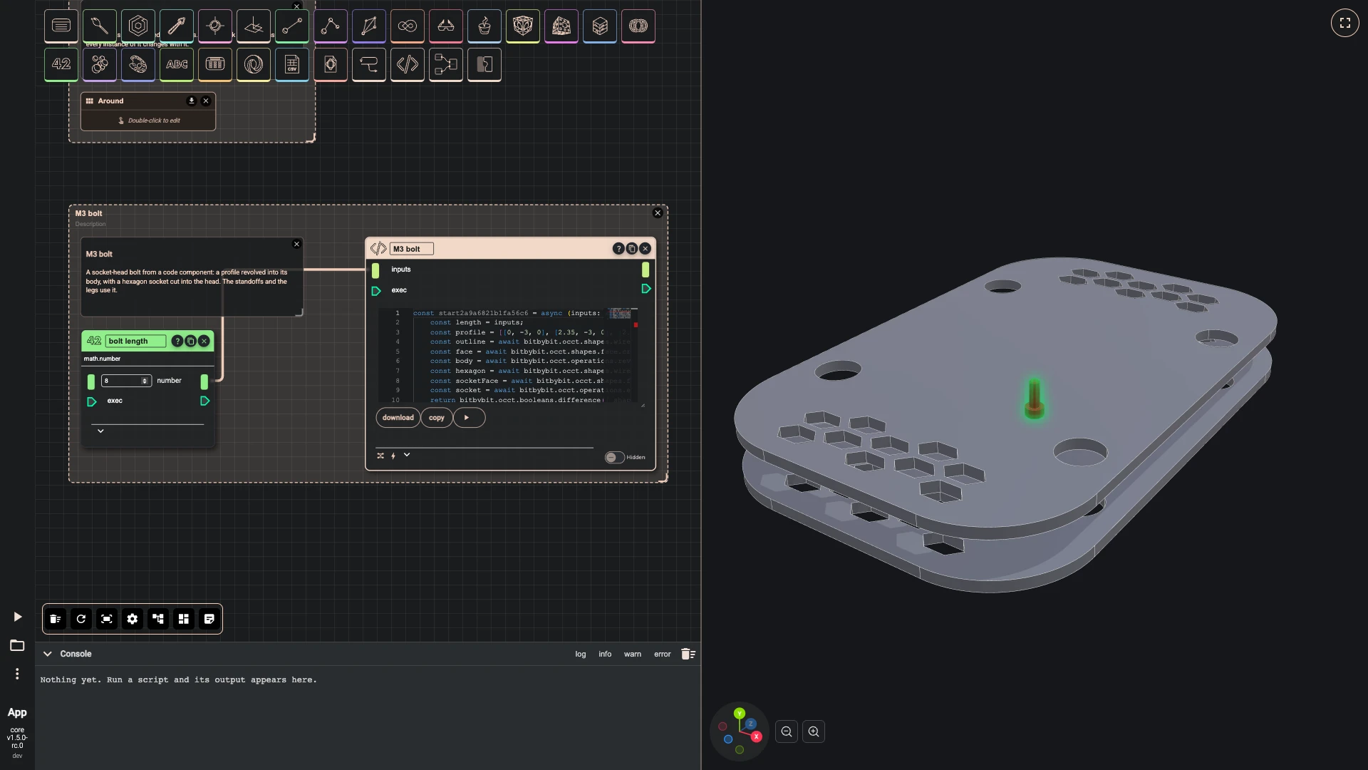 Build a drone, a module that repeats: A bolt for the standoffs: a code component revolves its profile and cuts the hexagon socket into its head.