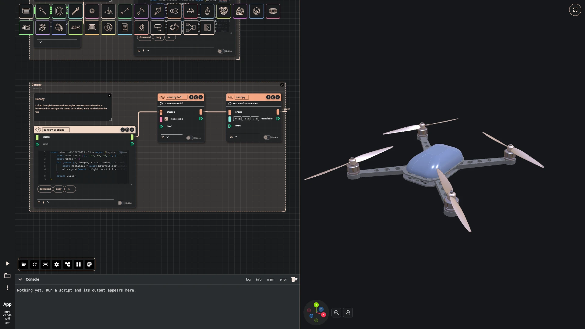 Build a drone, canopy and electronics: The canopy is lofted through five rounded rectangles that narrow and rise; a code component makes the sections, and the loft closes them into a solid that sits on the top plate.