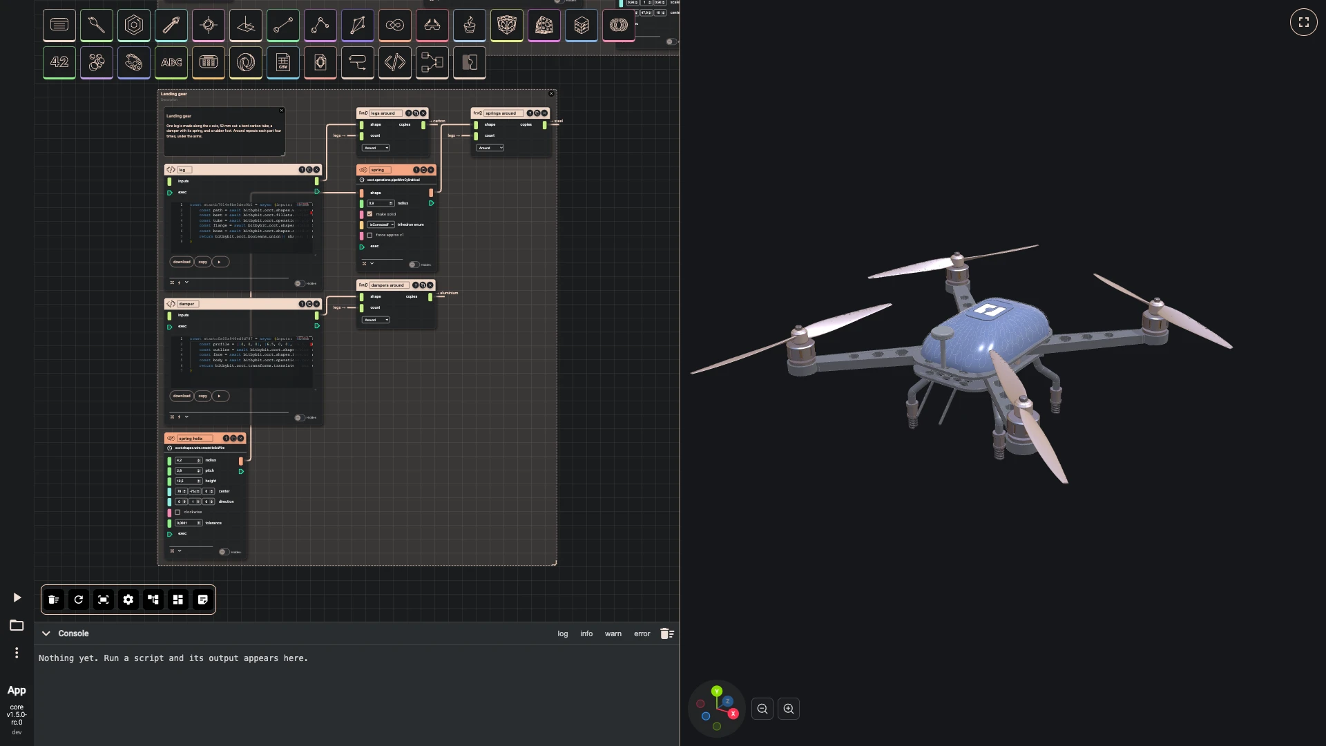 Build a drone, landing gear: At the end of each leg a damper.