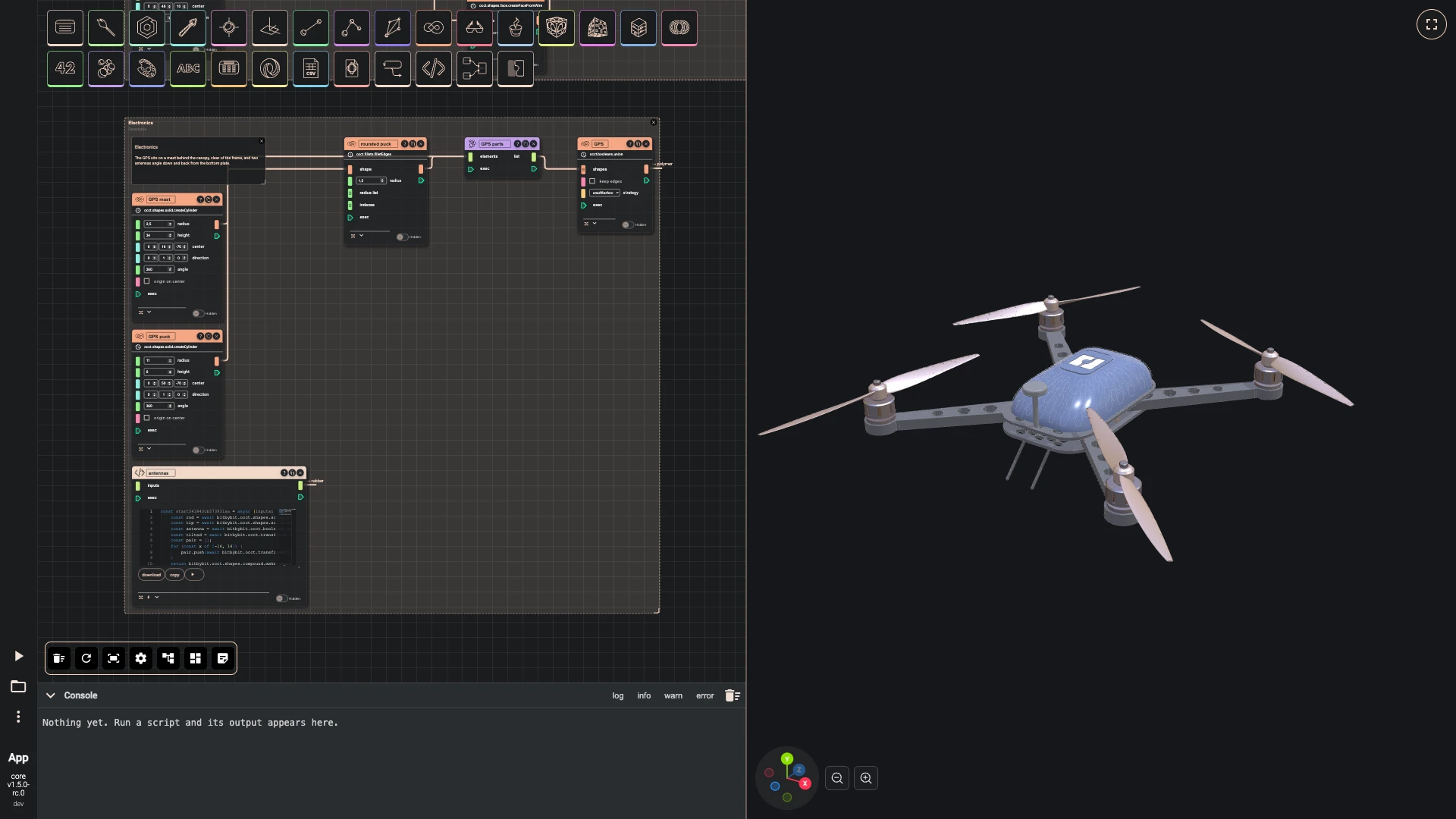 Build a drone, canopy and electronics: The GPS stands on a mast behind the canopy, built from nodes because it is a few simple shapes: two cylinders, the puck's edges rounded, the two joined.