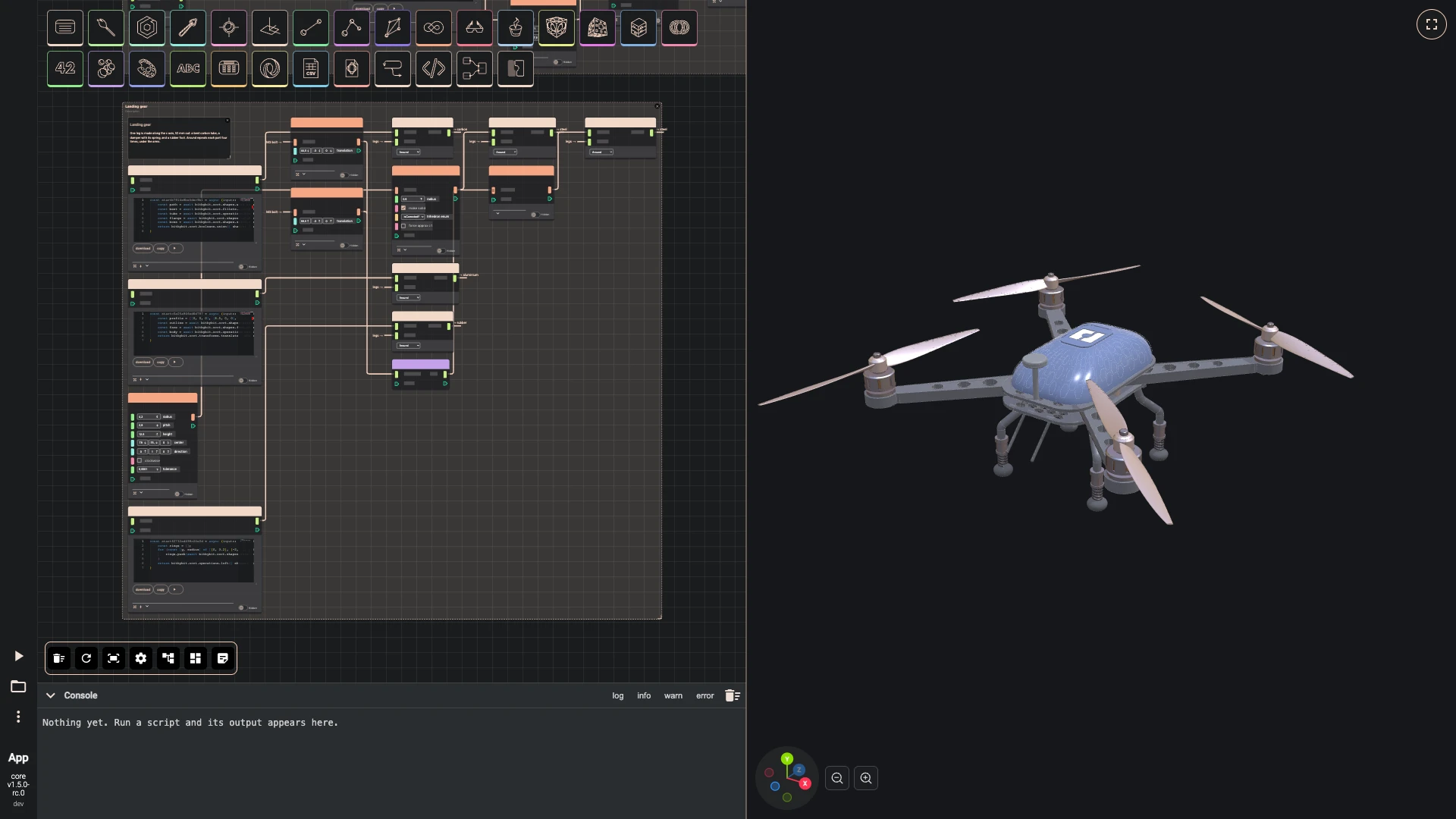 Build a drone, landing gear: A rubber foot is lofted through five circles, and two of the M3 bolts fix each leg's flange to the plate.