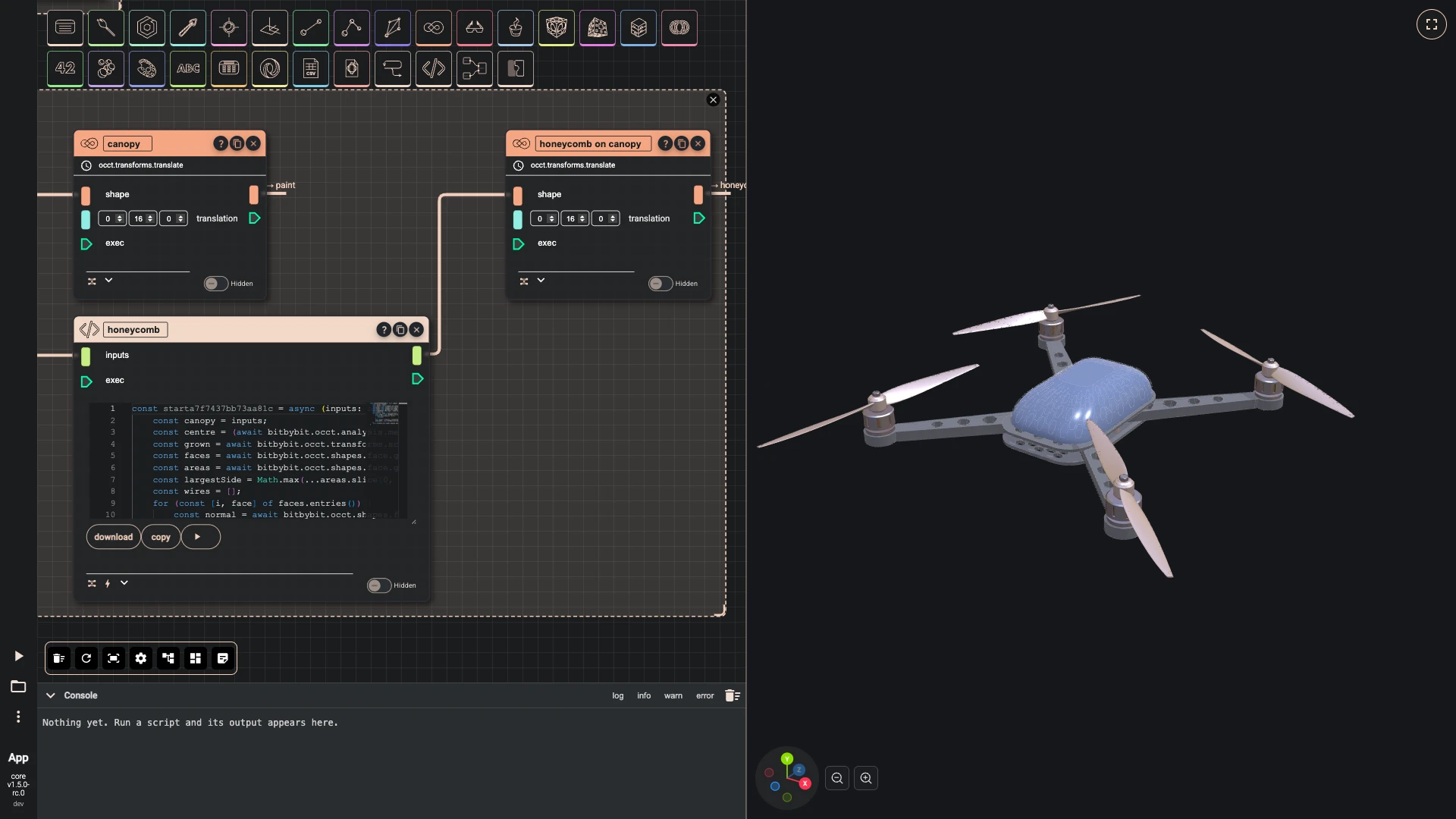 Build a drone, canopy and electronics: A honeycomb is traced on the canopy's sides: a code component takes the loft, grows it a little, and divides each side face into hexagon wires, eight across the long sides and five across the short ones.
