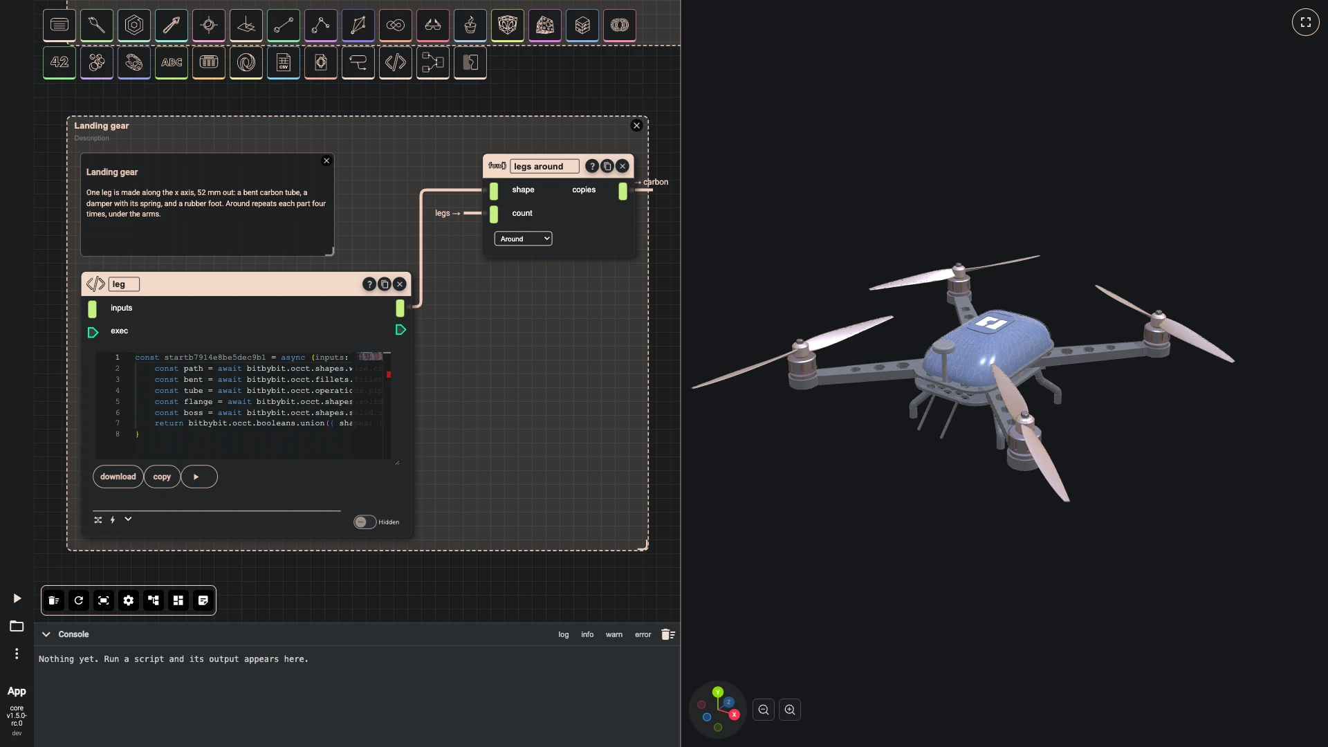 Build a drone, landing gear: A leg is a carbon tube bent twice on its way down, with a flange and a boss that pass through the leg opening.