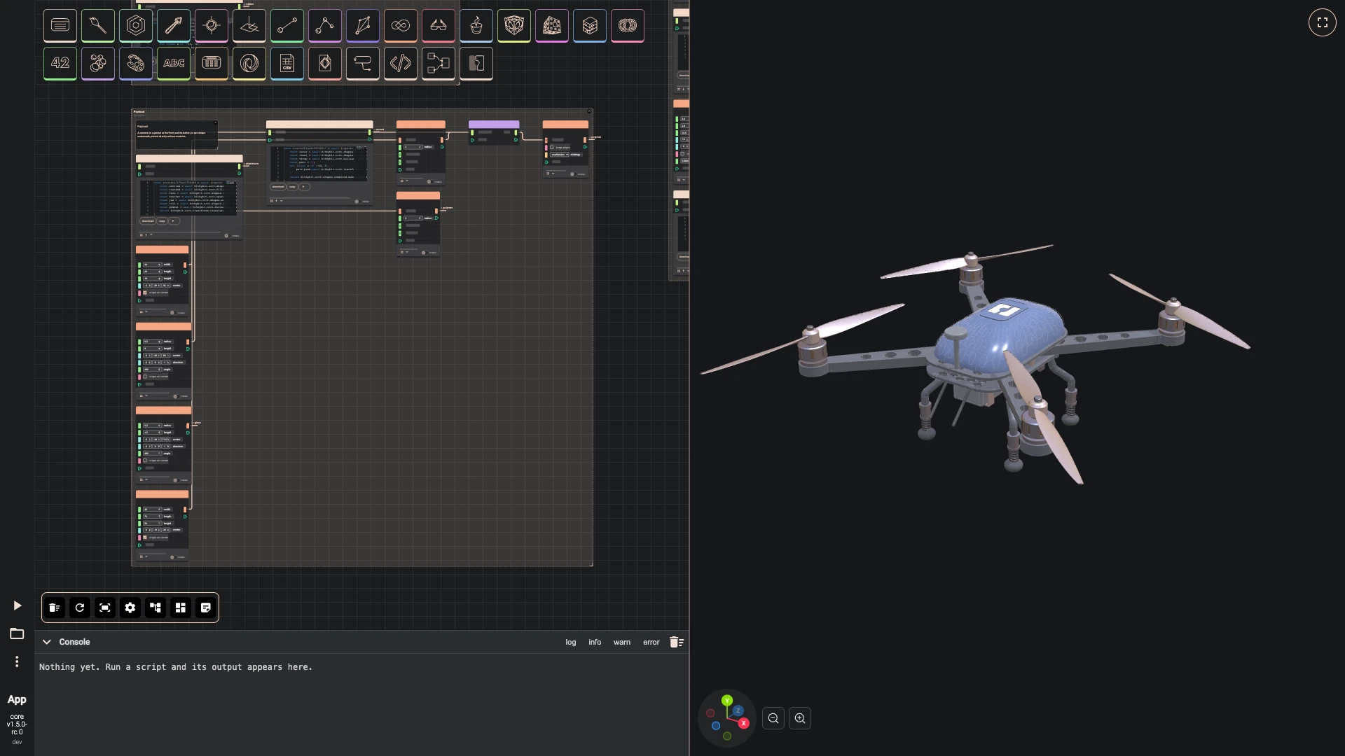 Build a drone, payload and sliders: The payload hangs under the frame: a camera on its gimbal at the front, and the battery in two straps.